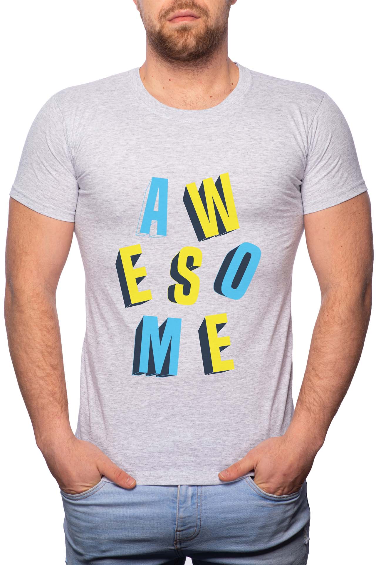 Tricou barbati, Awesome, 100% Bumbac, G250, Gri