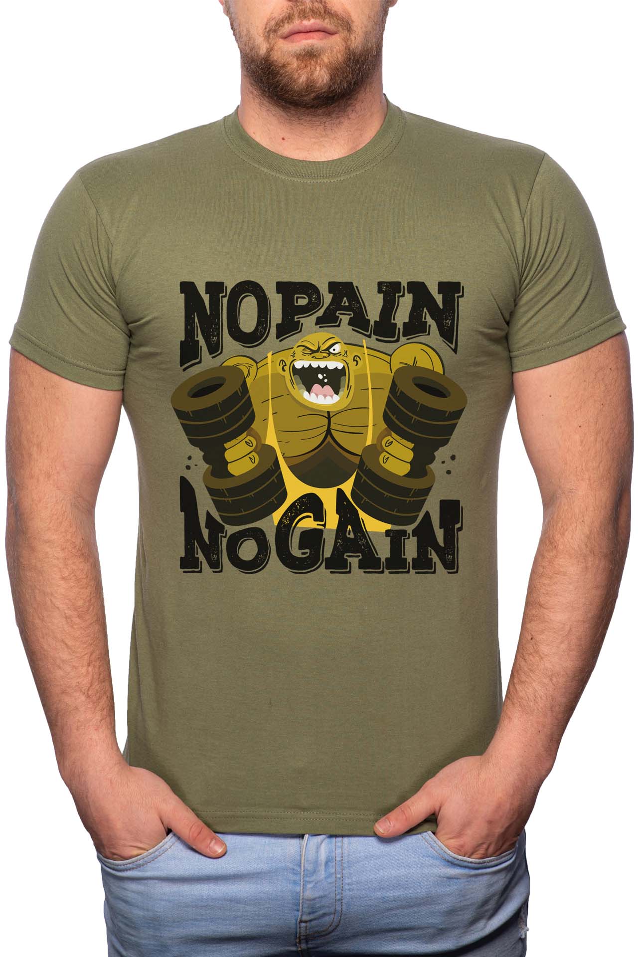 Tricou barbati, No Pain No Gain, 100% Bumbac, R254, Verde militar