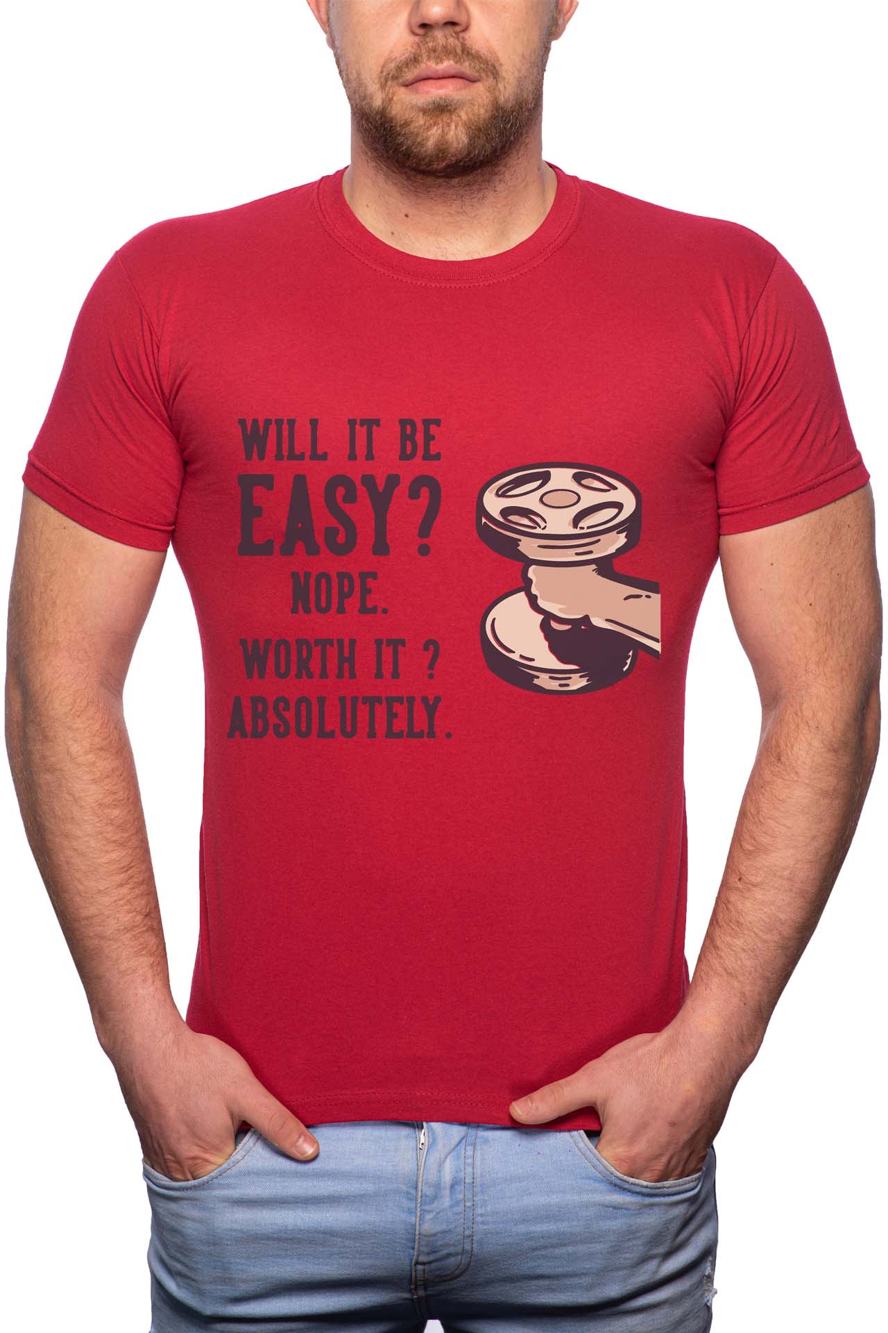 Tricou barbati, No Easy, 100% Bumbac, GR255, Rosu Bordeaux
