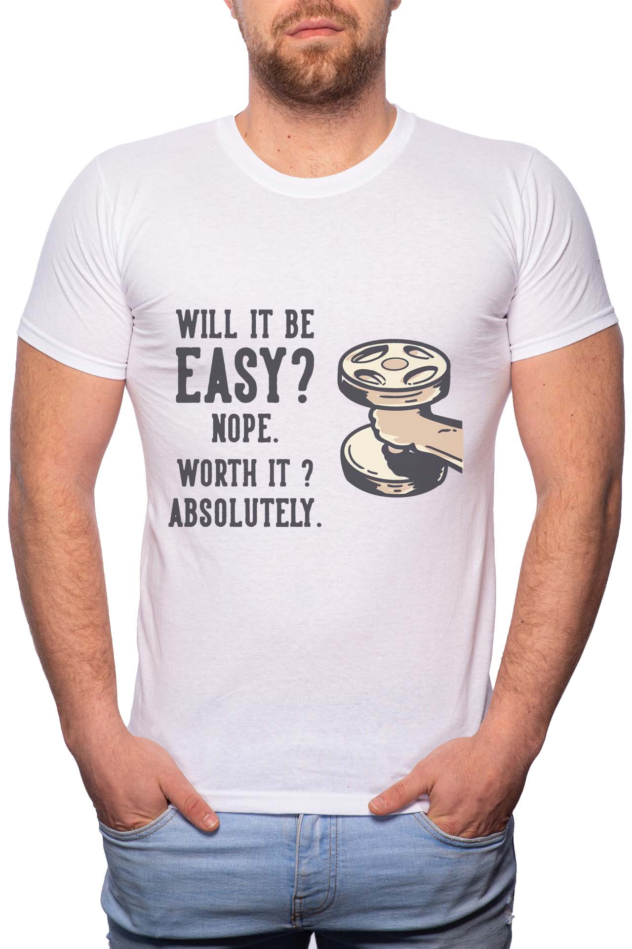 Tricou barbati, No Easy, 100% Bumbac, GR255, Alb