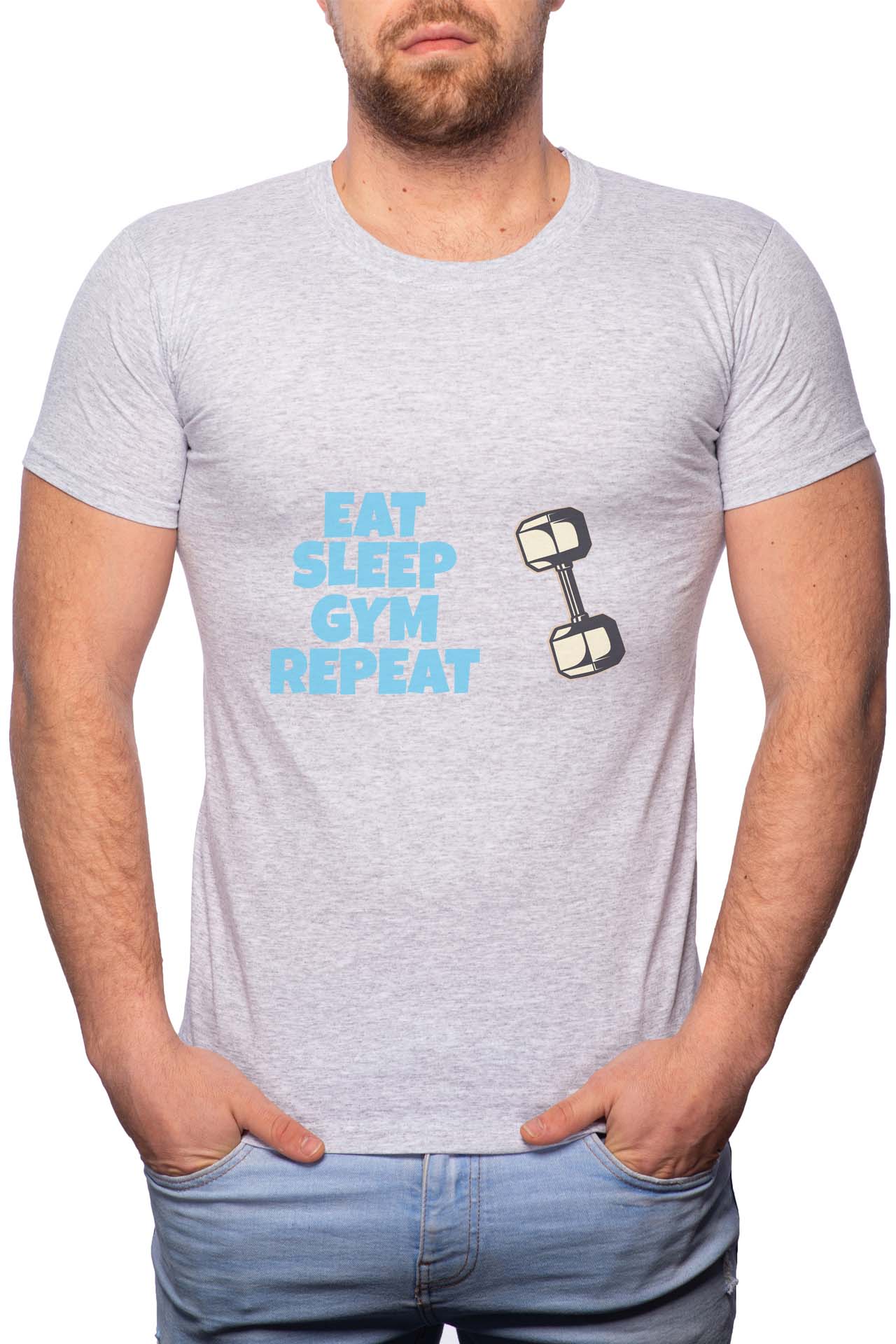 Tricou barbati, Eat Sleep Gym Repeat, 100% Bumbac, GR257, Gri
