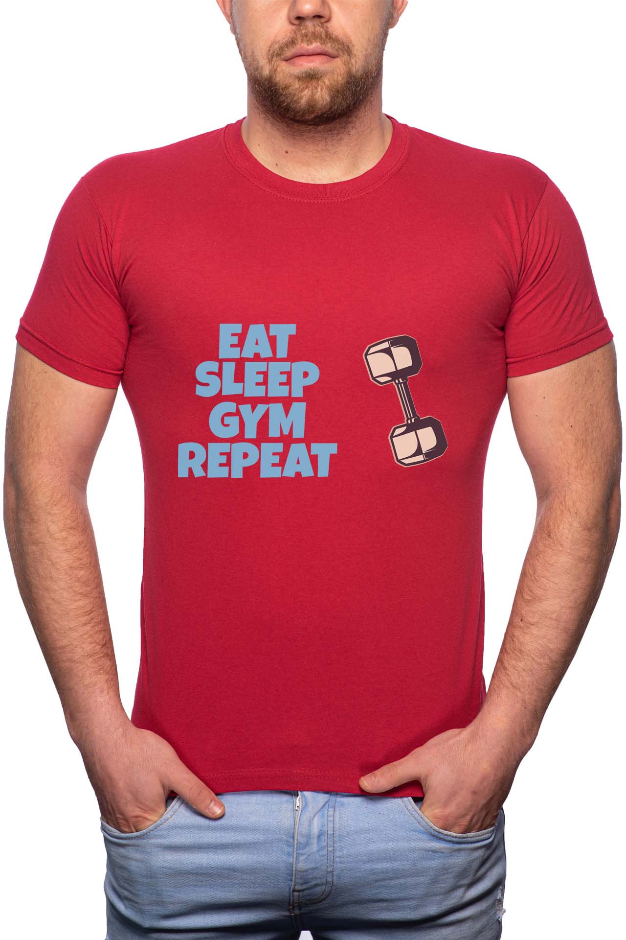 Tricou barbati, Eat Sleep Gym Repeat, 100% Bumbac, GR257, Rosu Bordeaux