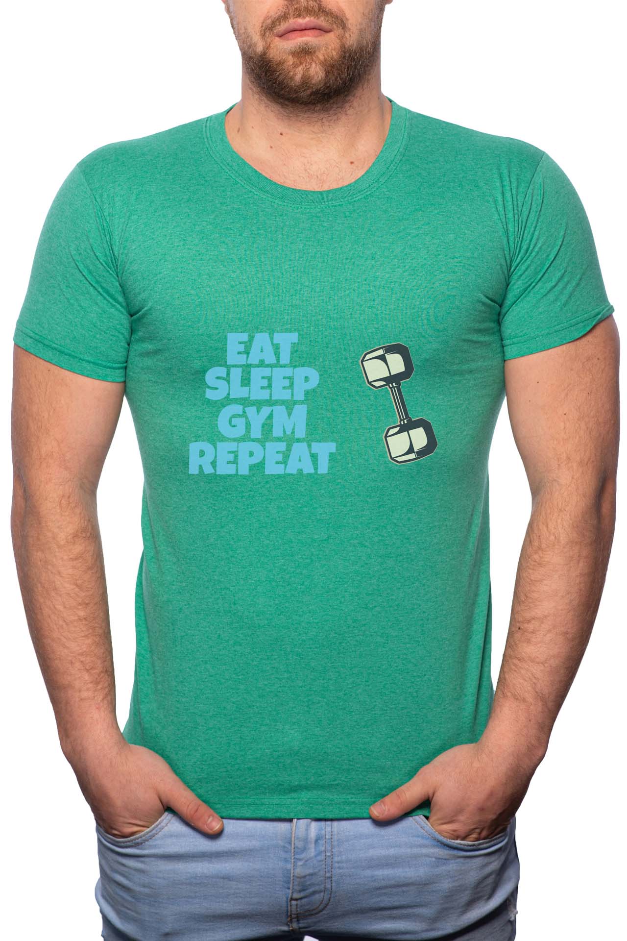 Tricou barbati, Eat Sleep Gym Repeat, 100% Bumbac, GR257, Verde