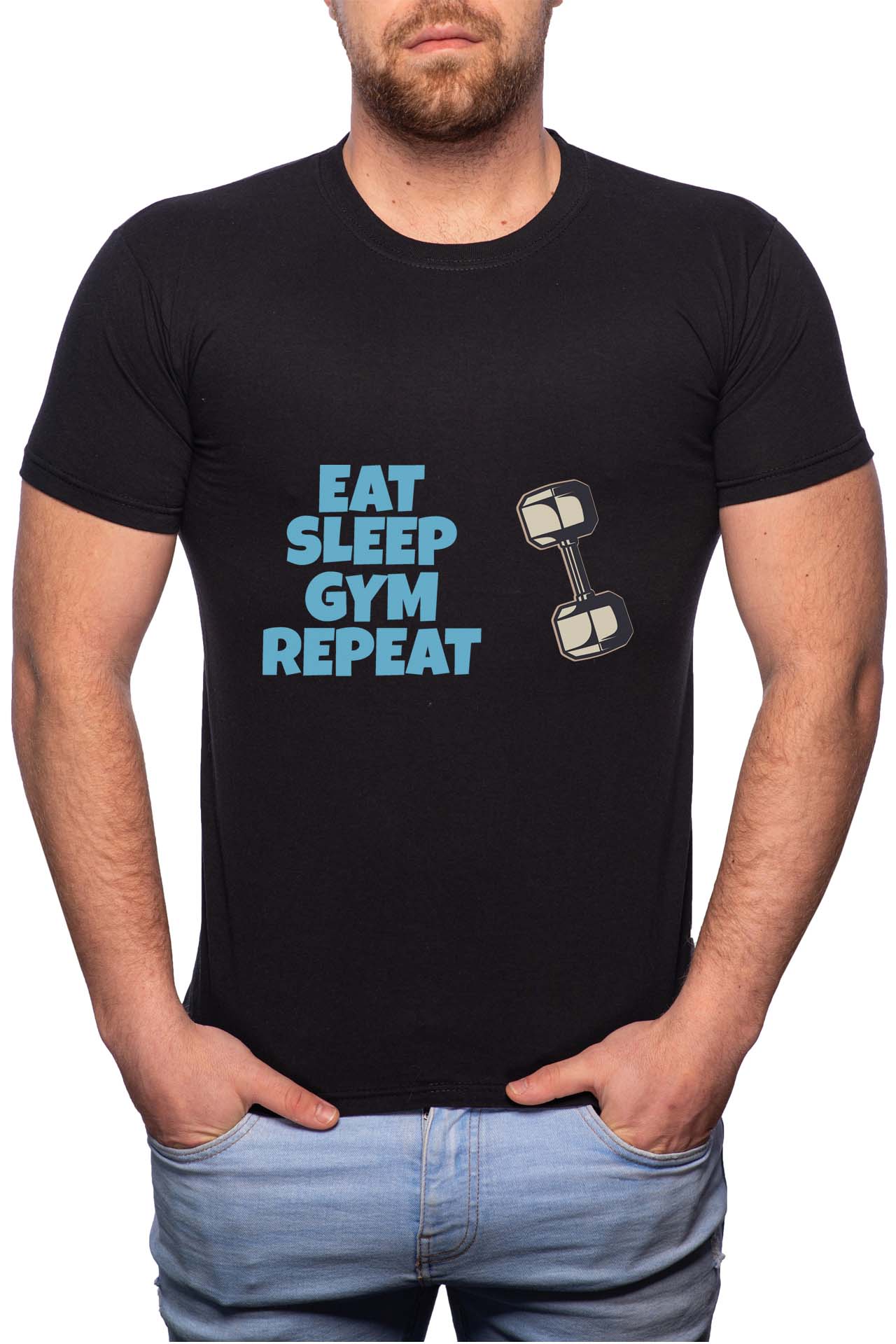 Tricou barbati, Eat Sleep Gym Repeat, 100% Bumbac, GR257, Negru