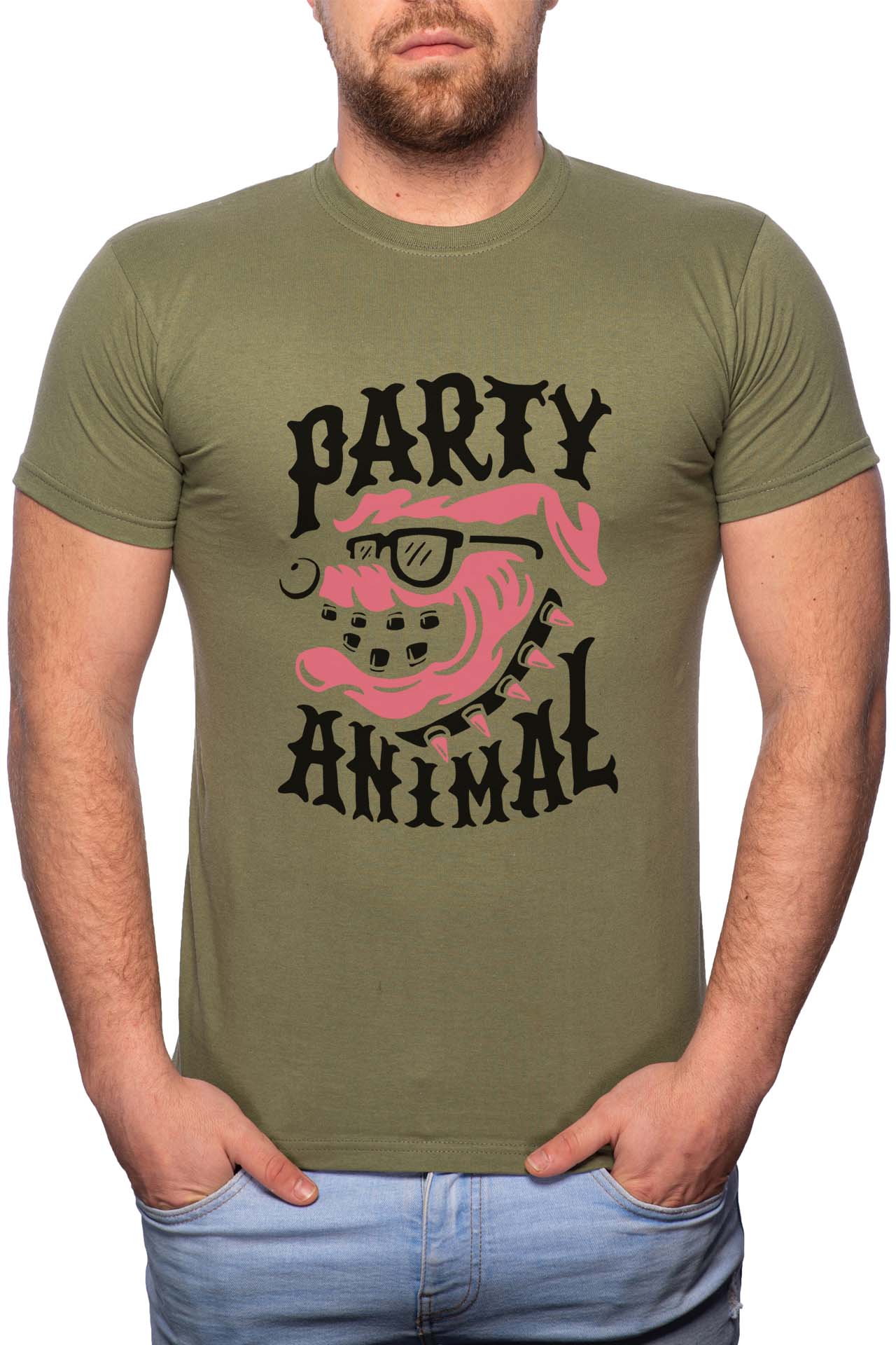 Tricou barbati, Party Animal, 100% Bumbac, GR260, Verde militar