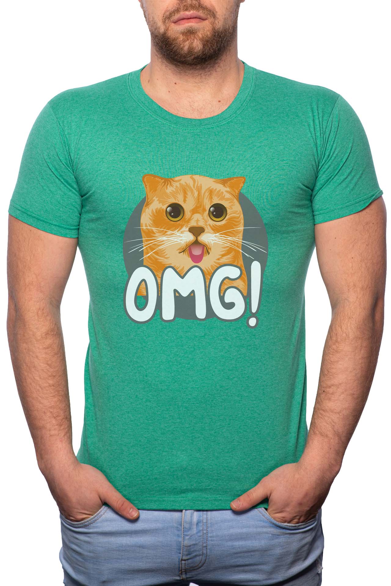 Tricou barbati, OMG Cat, 100% Bumbac, G262, Verde