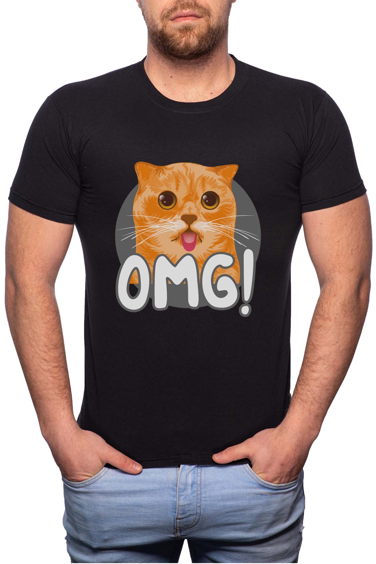 Tricou barbati, OMG Cat, 100% Bumbac, G262, Negru