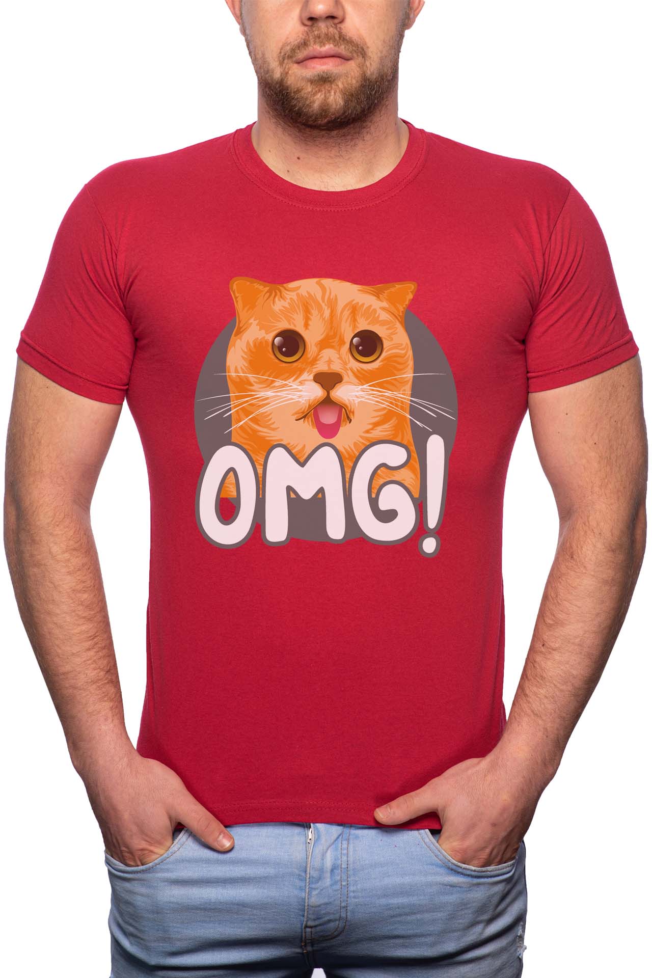 Tricou barbati, OMG Cat, 100% Bumbac, G262, Rosu Bordeaux