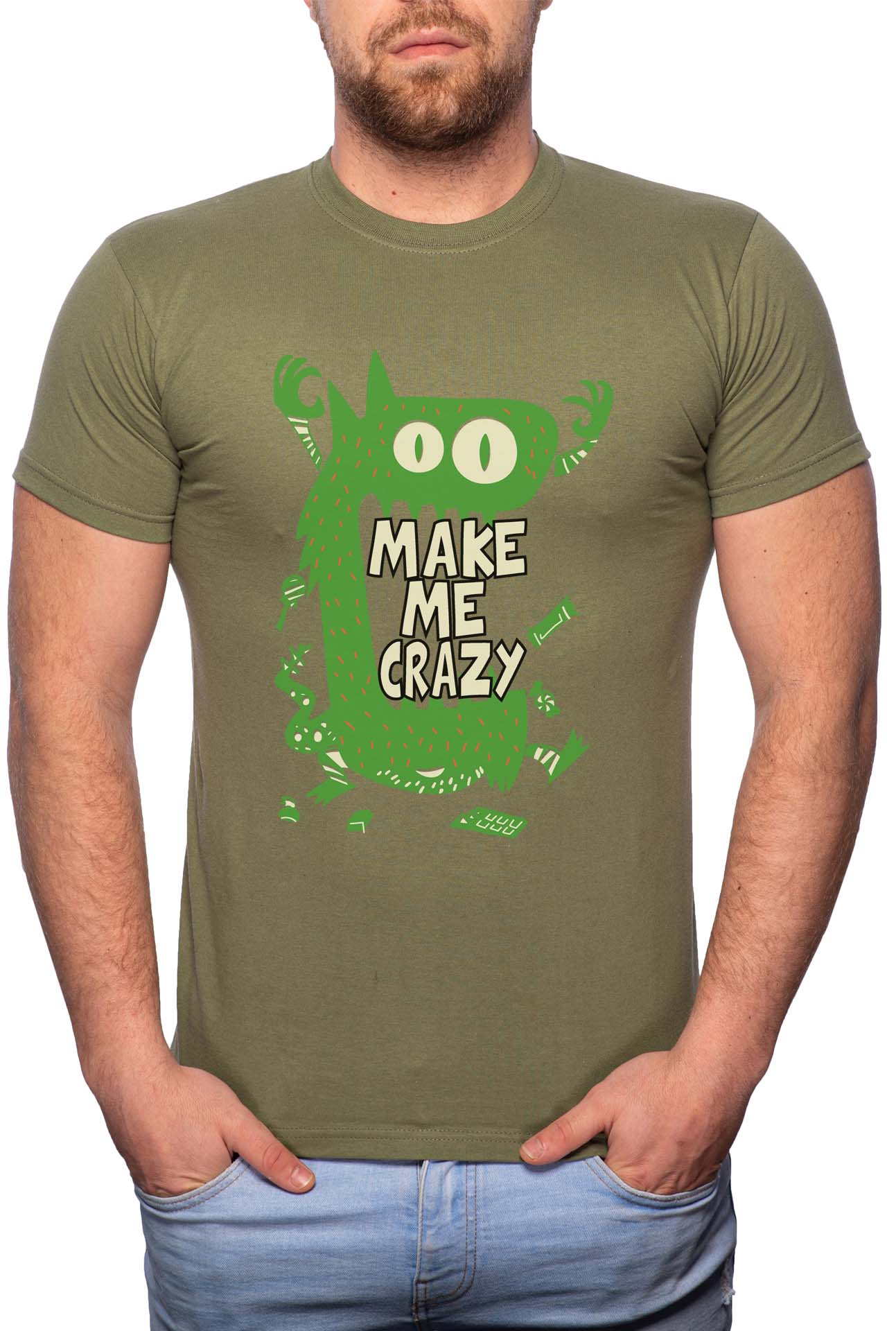 Tricou barbati, Make Me Crazy, 100% Bumbac, R270, Verde militar