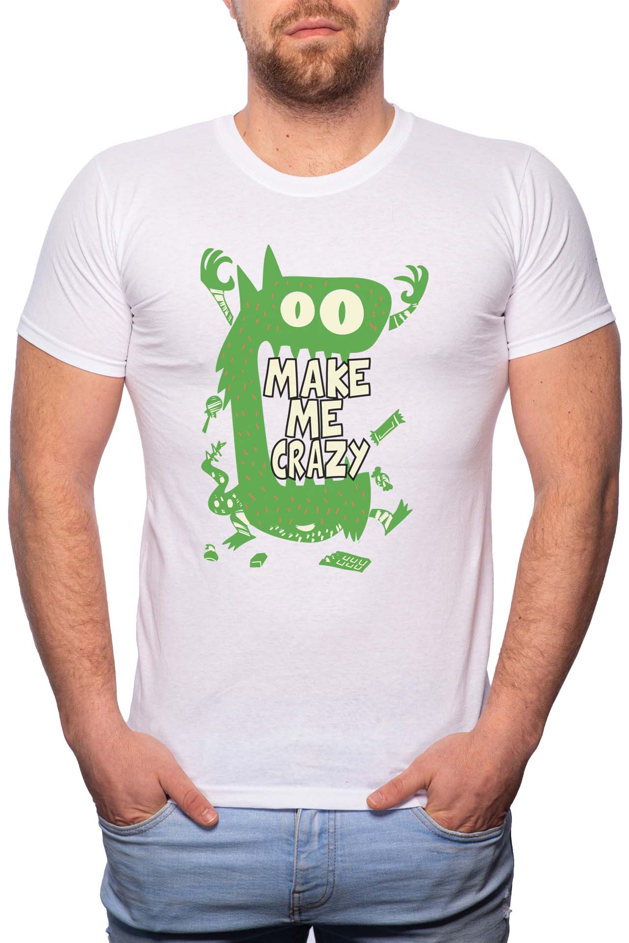 Tricou barbati, Make Me Crazy, 100% Bumbac, R270, Alb