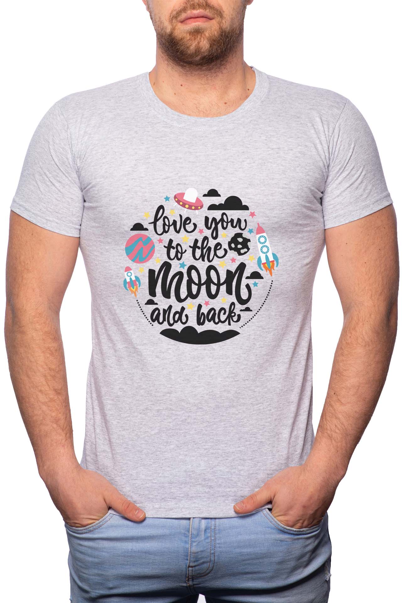 Tricou barbati, To The Moon And Back, 100% Bumbac, G278, Gri