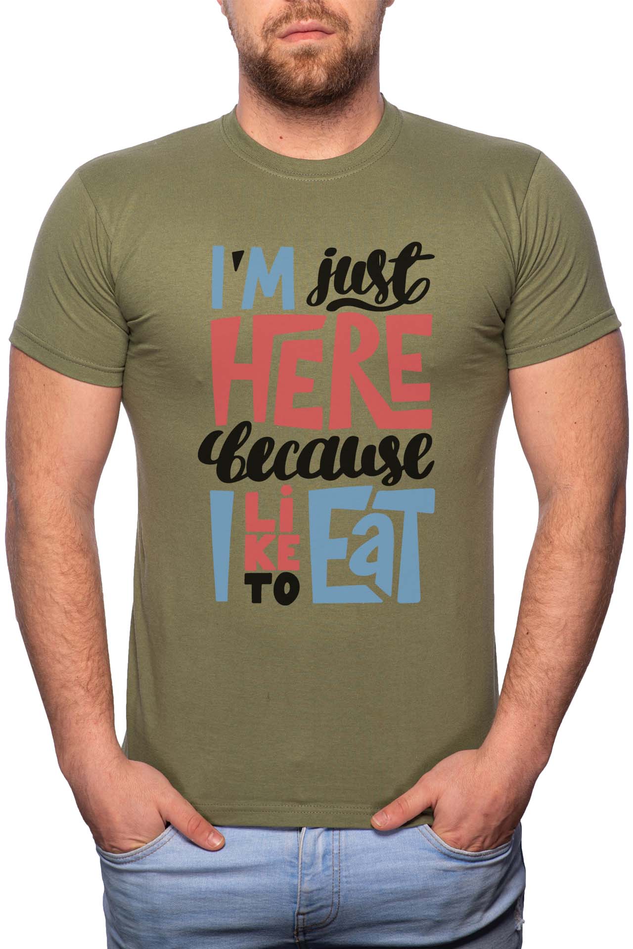 Tricou barbati, I Like To Eat, 100% Bumbac, W276, Verde militar
