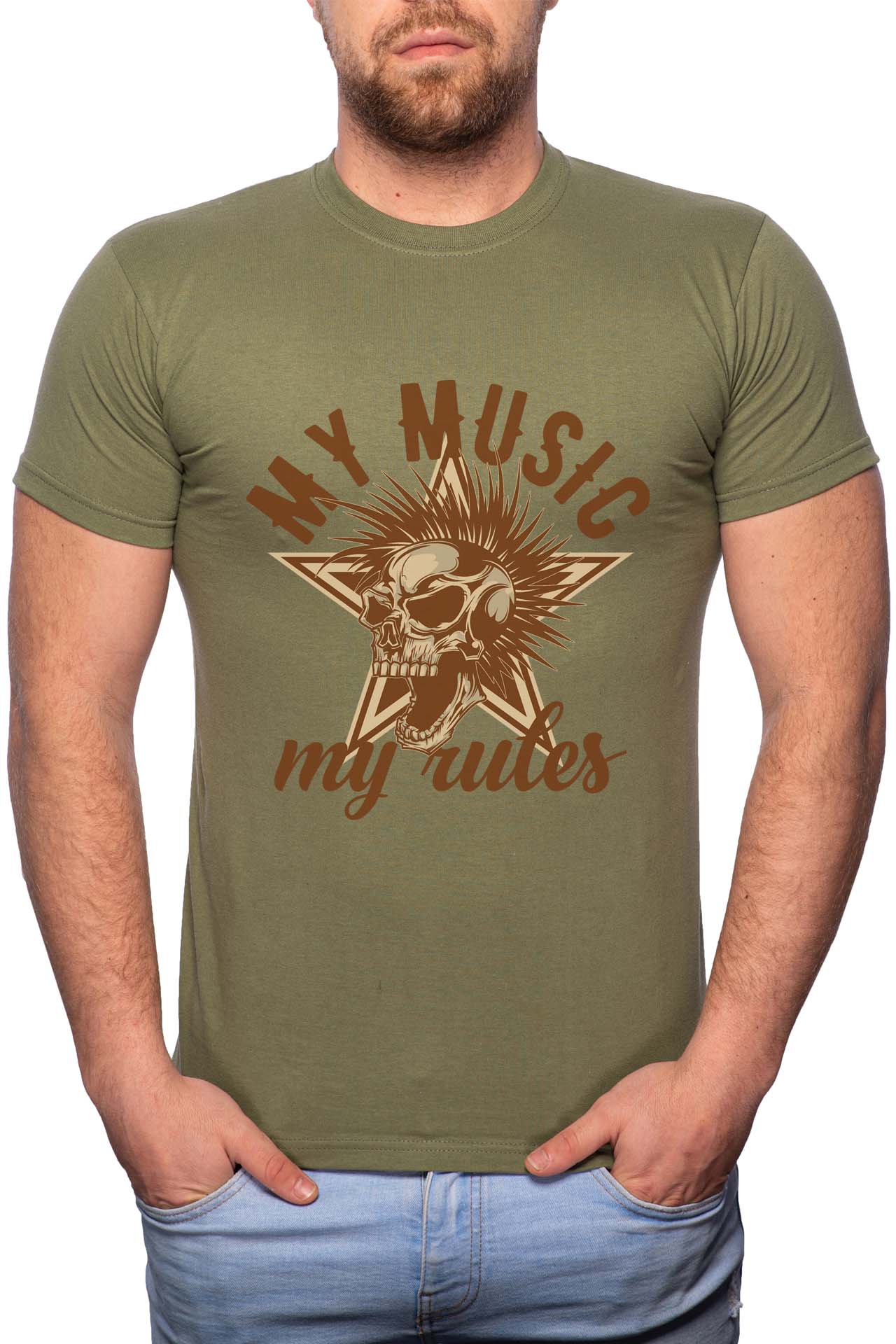 Tricou barbati, My Music My Rules, 100% Bumbac, GM296, Verde militar