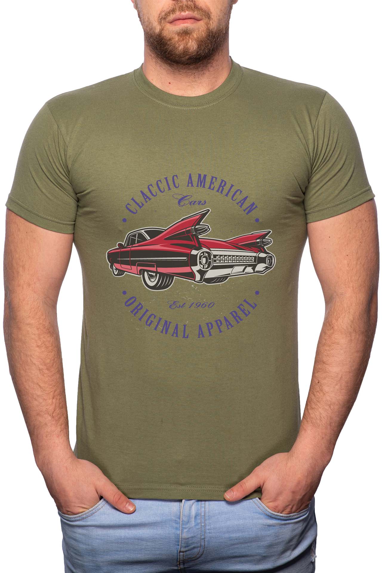 Tricou barbati, Classic American Car, 100% Bumbac, G302, Verde militar