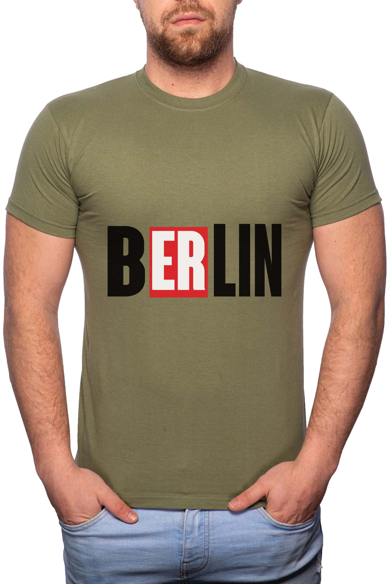 Tricou barbati, La Casa De Papel - Berlin, 100% Bumbac, GR146, Verde militar