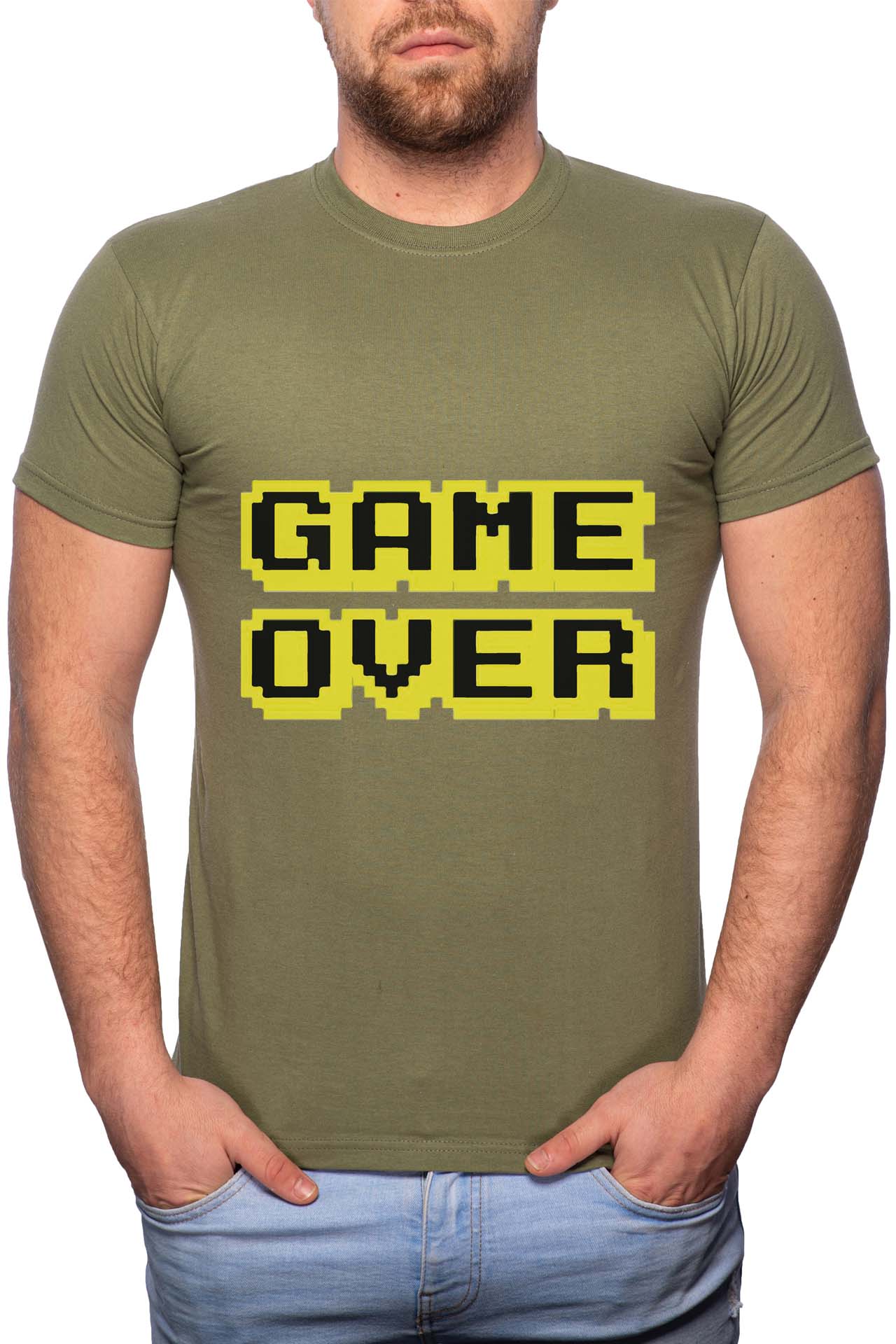 Tricou barbati, Game Over, 100% Bumbac, W156, Verde militar
