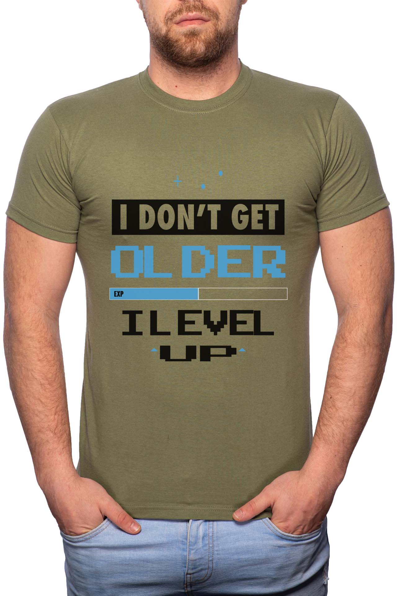 Tricou barbati, I Level Up, 100% Bumbac, W159, Verde militar