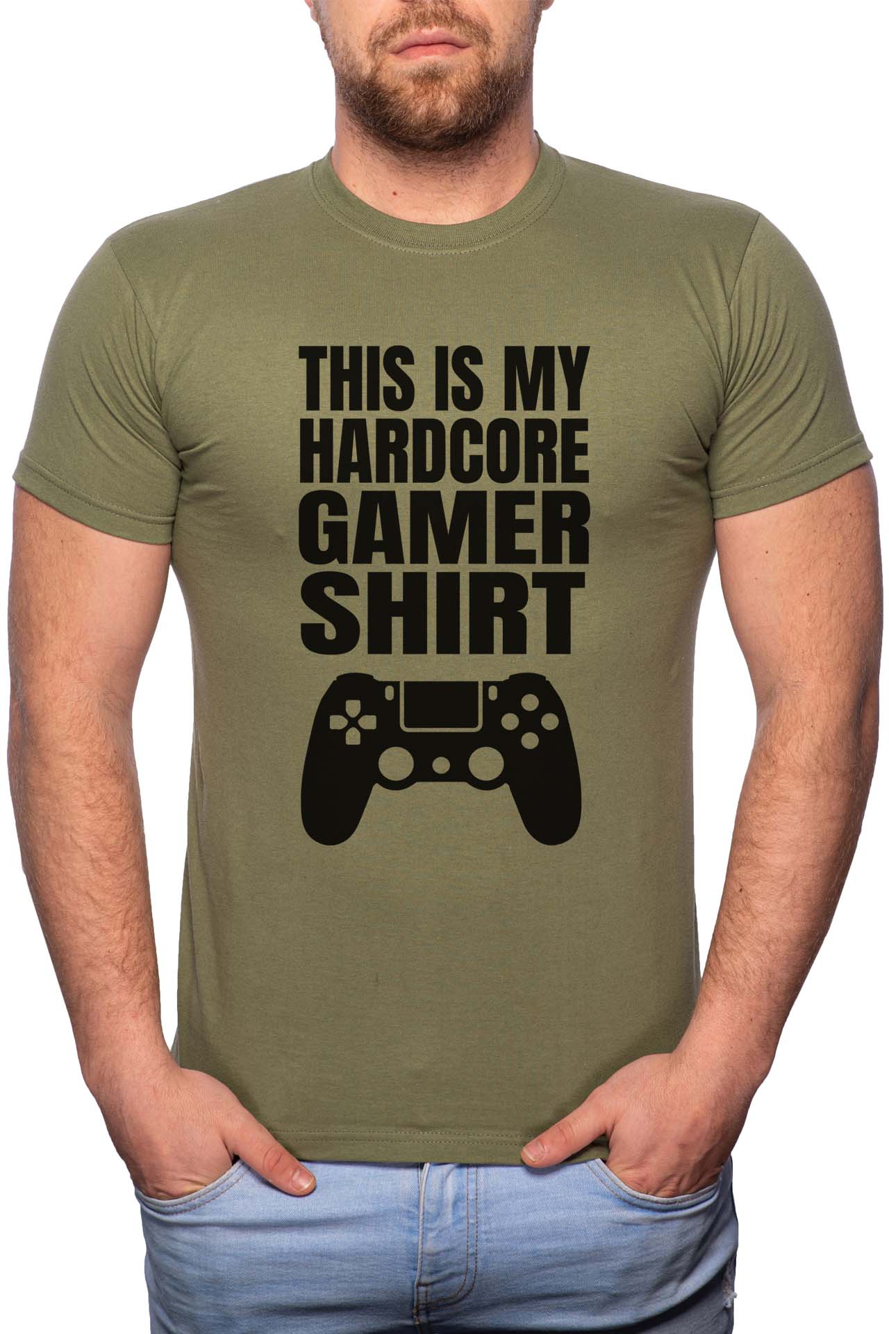 Tricou barbati, Hardcore Gamer, 100% Bumbac, GR161, Verde militar