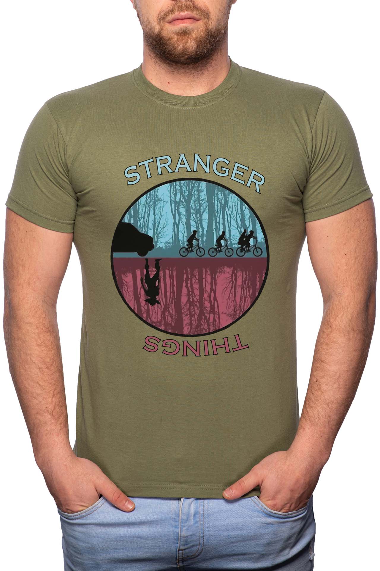 Tricou barbati, Stranger Things - Forest, 100% Bumbac, GR175, Verde militar