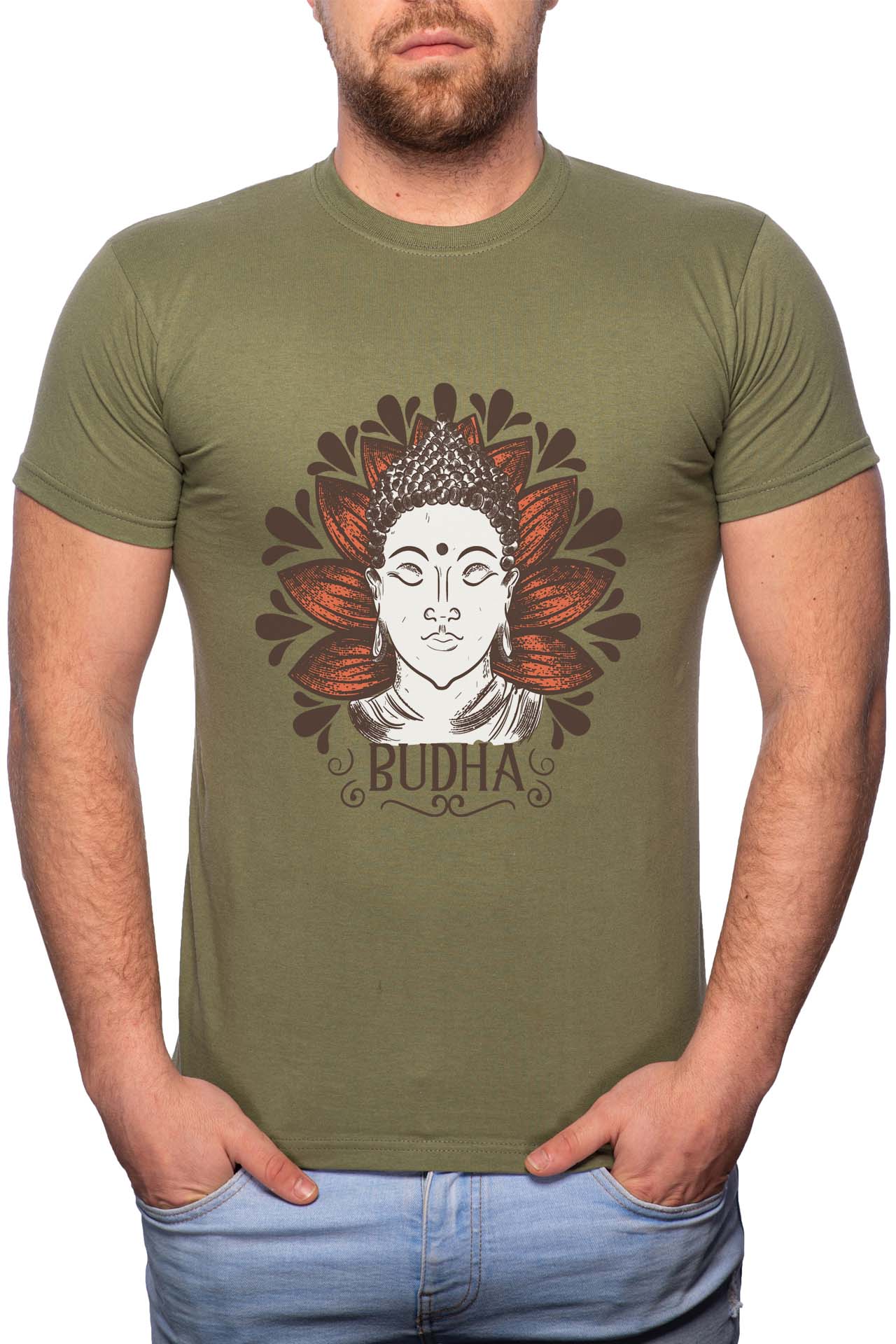 Tricou barbati, Budha, 100% Bumbac, G195, Verde militar