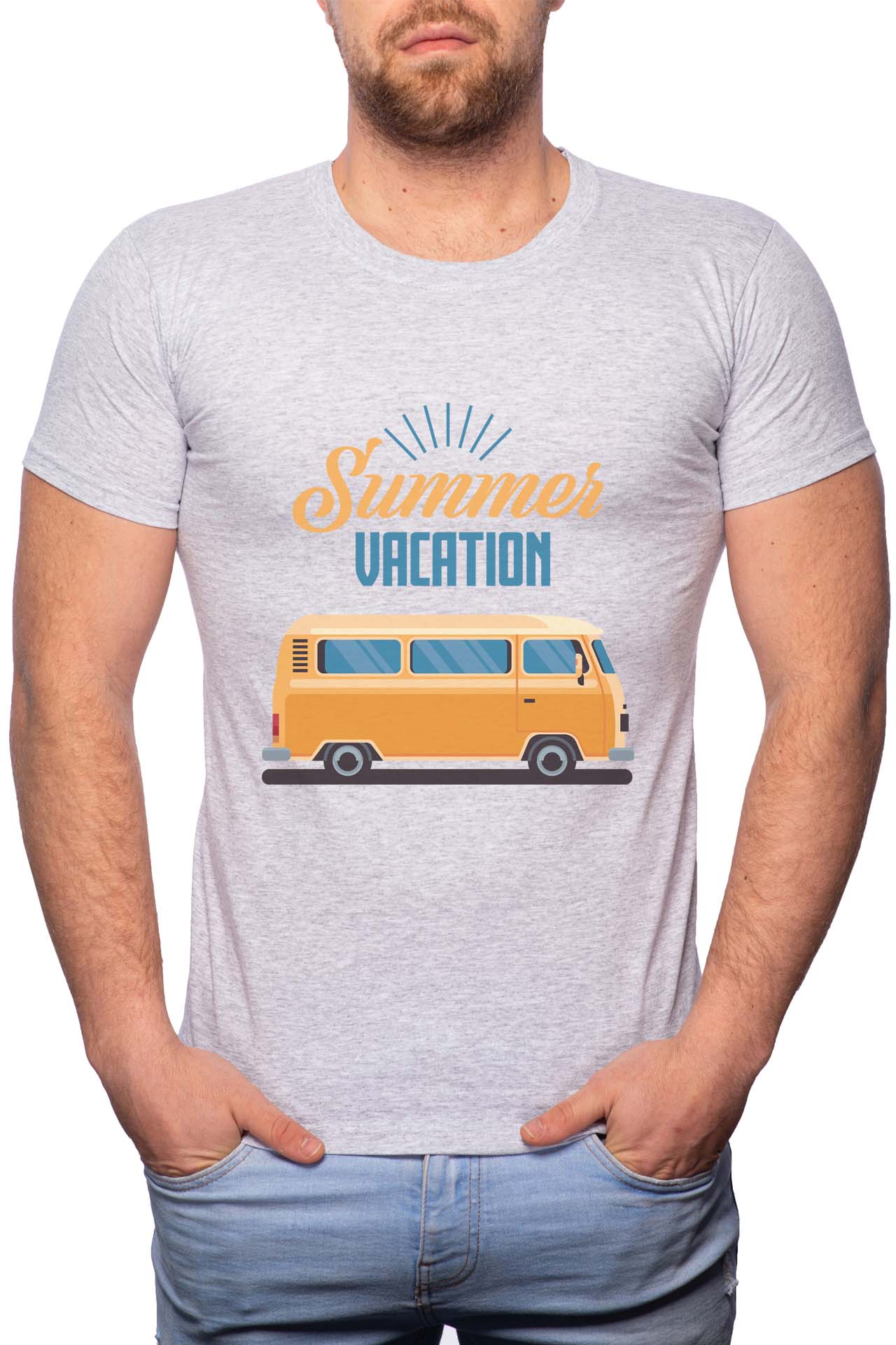 Tricou barbati, Summer Vacation, 100% Bumbac, R211, Gri