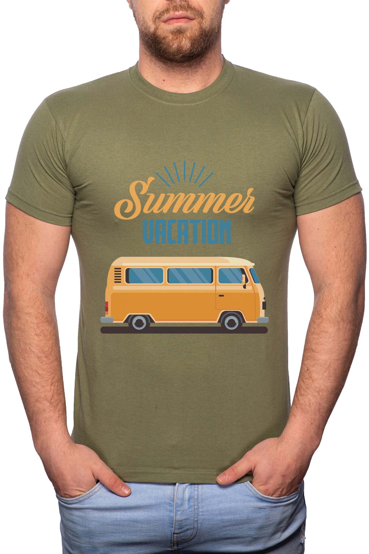 Tricou barbati, Summer Vacation, 100% Bumbac, R211, Verde militar