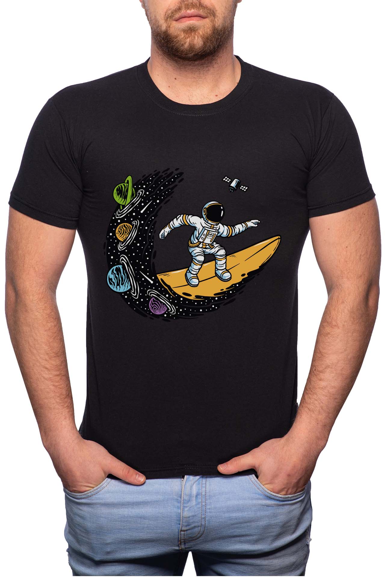 Tricou barbati, Astronaut Surf, 100% Bumbac, GR221, Negru