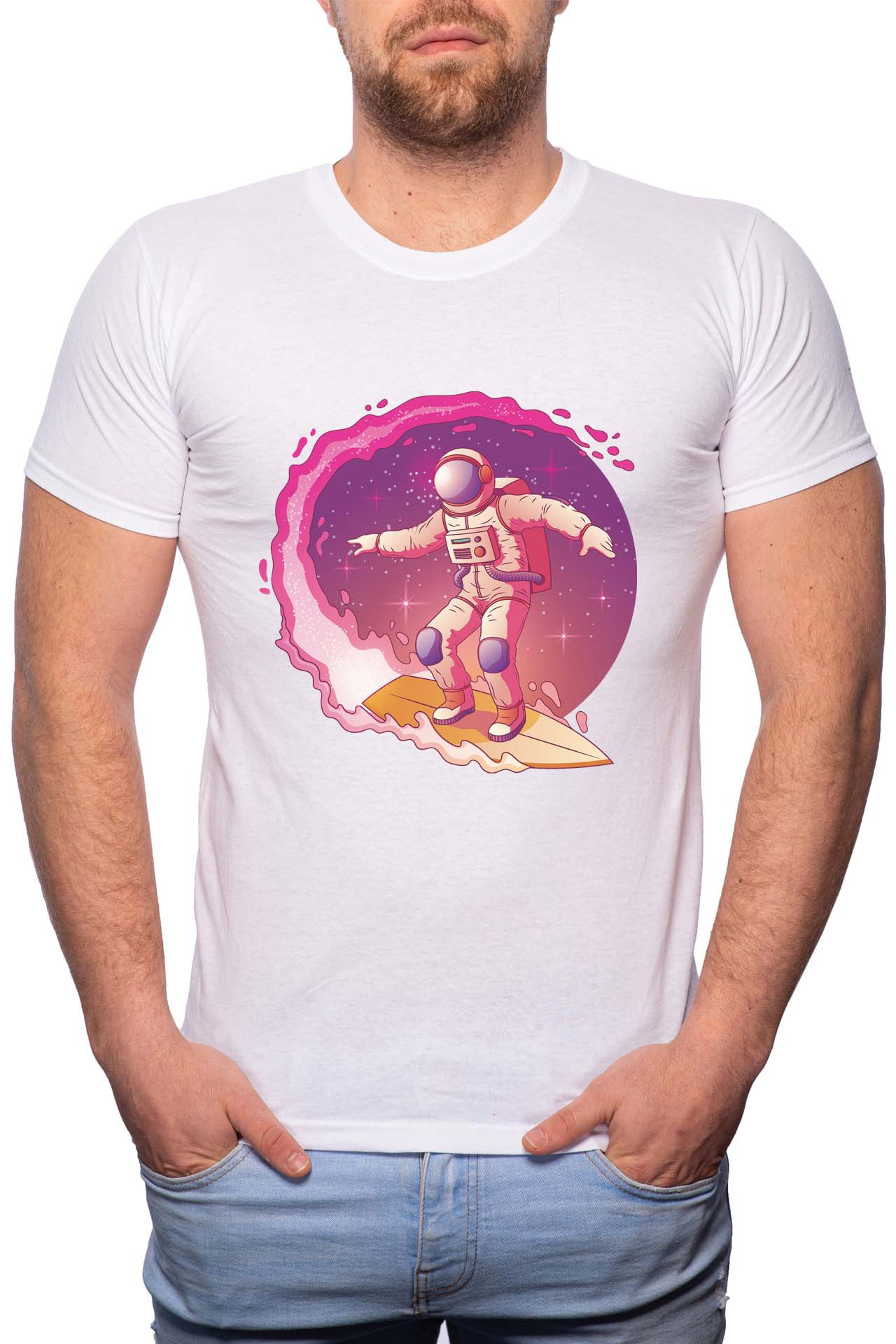 Tricou barbati, Astronaut Surf, 100% Bumbac, W218, Alb