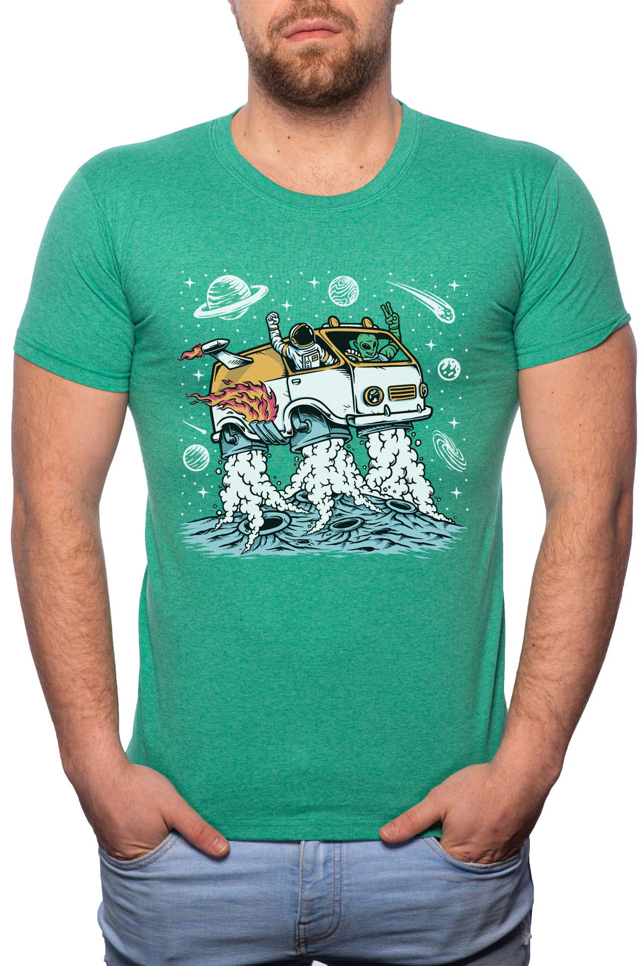 Tricou barbati, Astronaut Travel, 100% Bumbac, B222, Verde