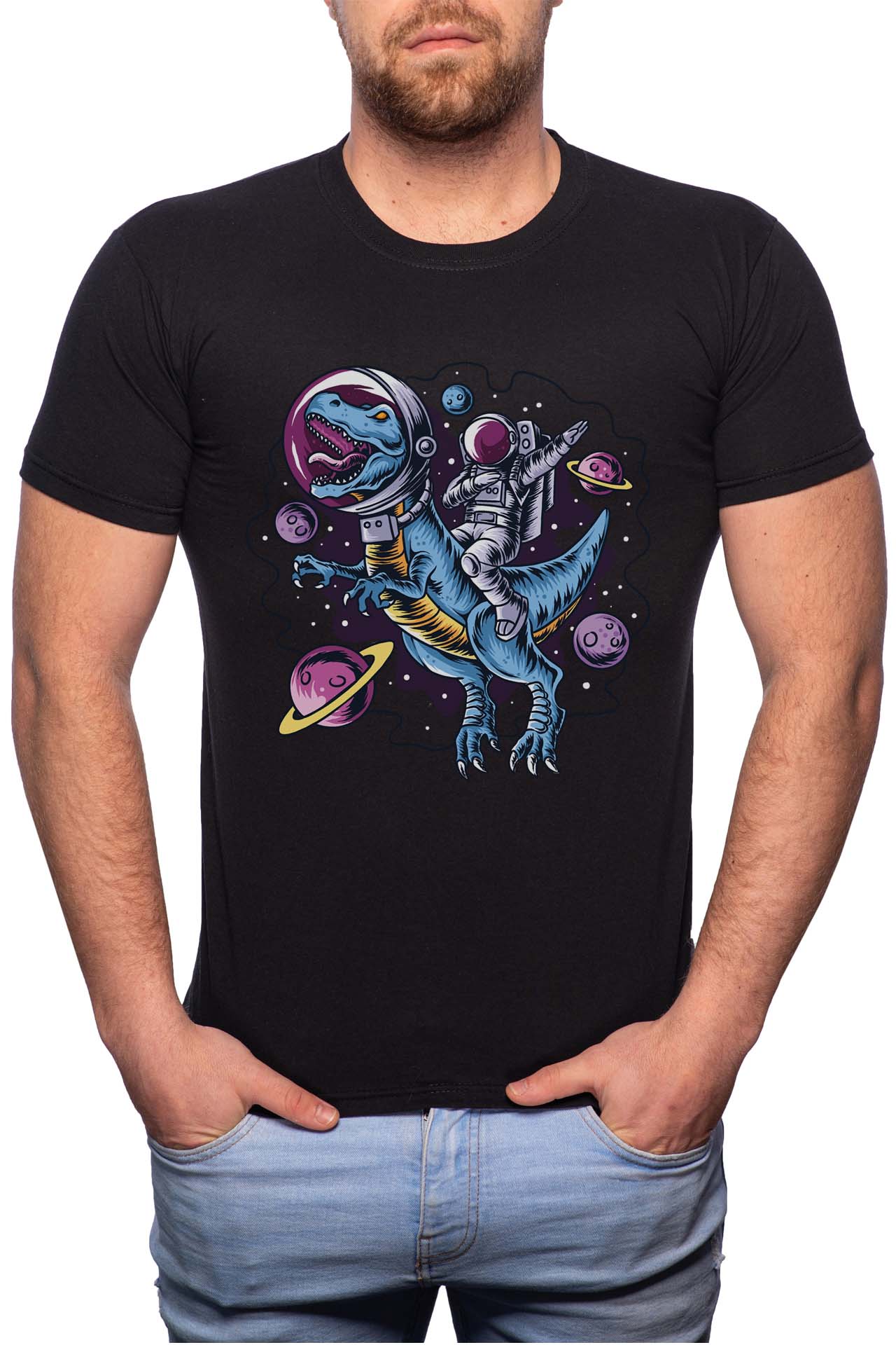 Tricou barbati, Astronaut Dinosaurus, 100% Bumbac, GR226, Negru