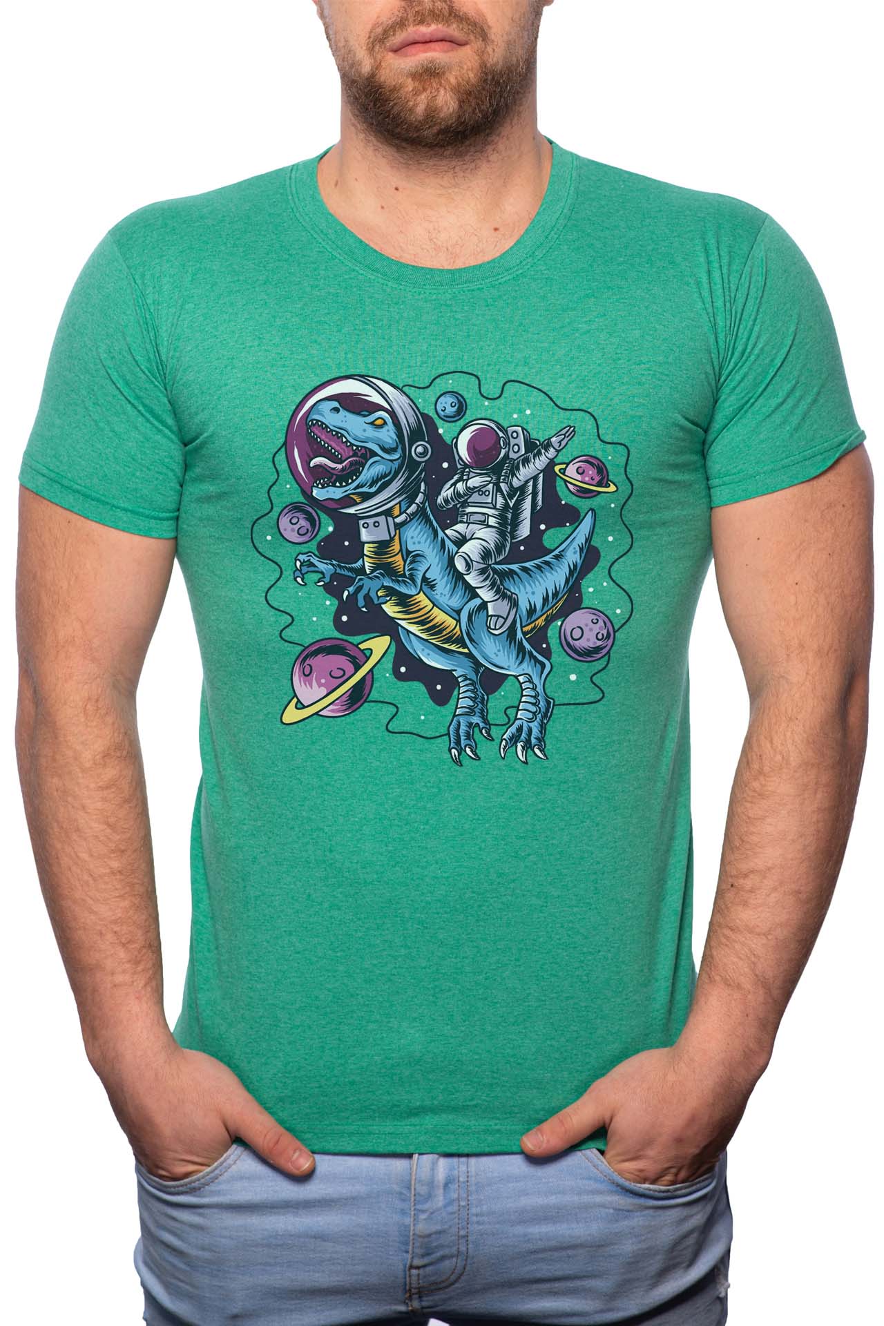 Tricou barbati, Astronaut Dinosaurus, 100% Bumbac, GR226, Verde