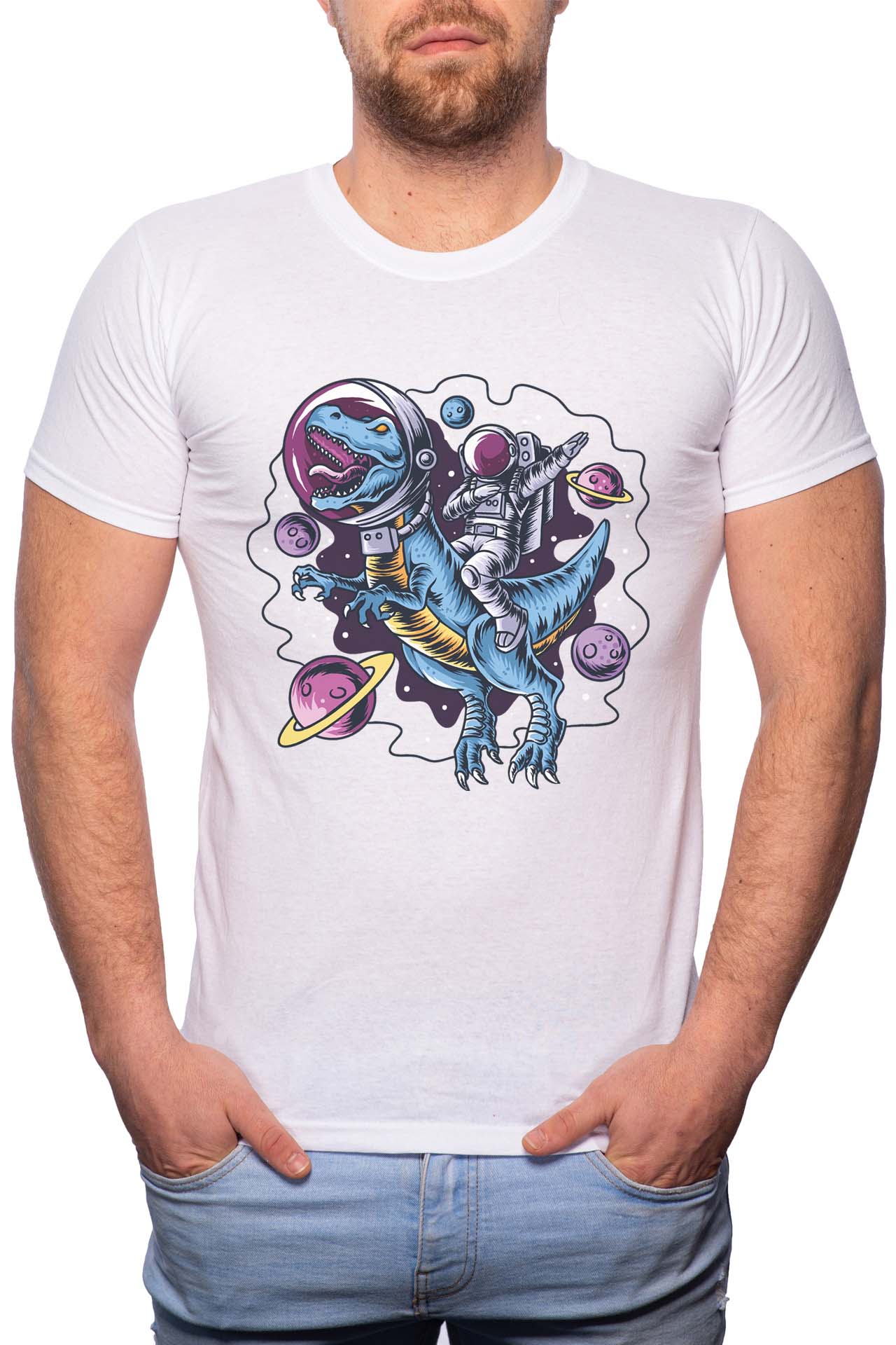 Tricou barbati, Astronaut Dinosaurus, 100% Bumbac, GR226, Alb