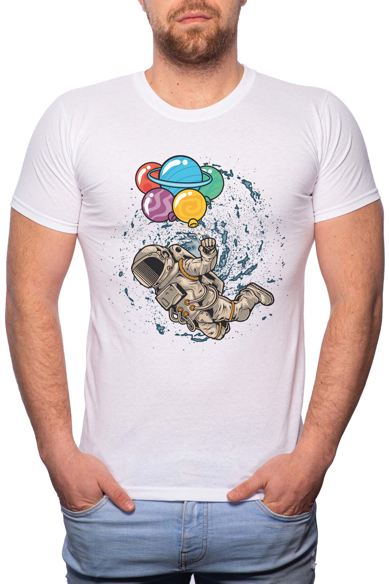 Tricou barbati, Astronaut With Planets, 100% Bumbac, B228, Alb