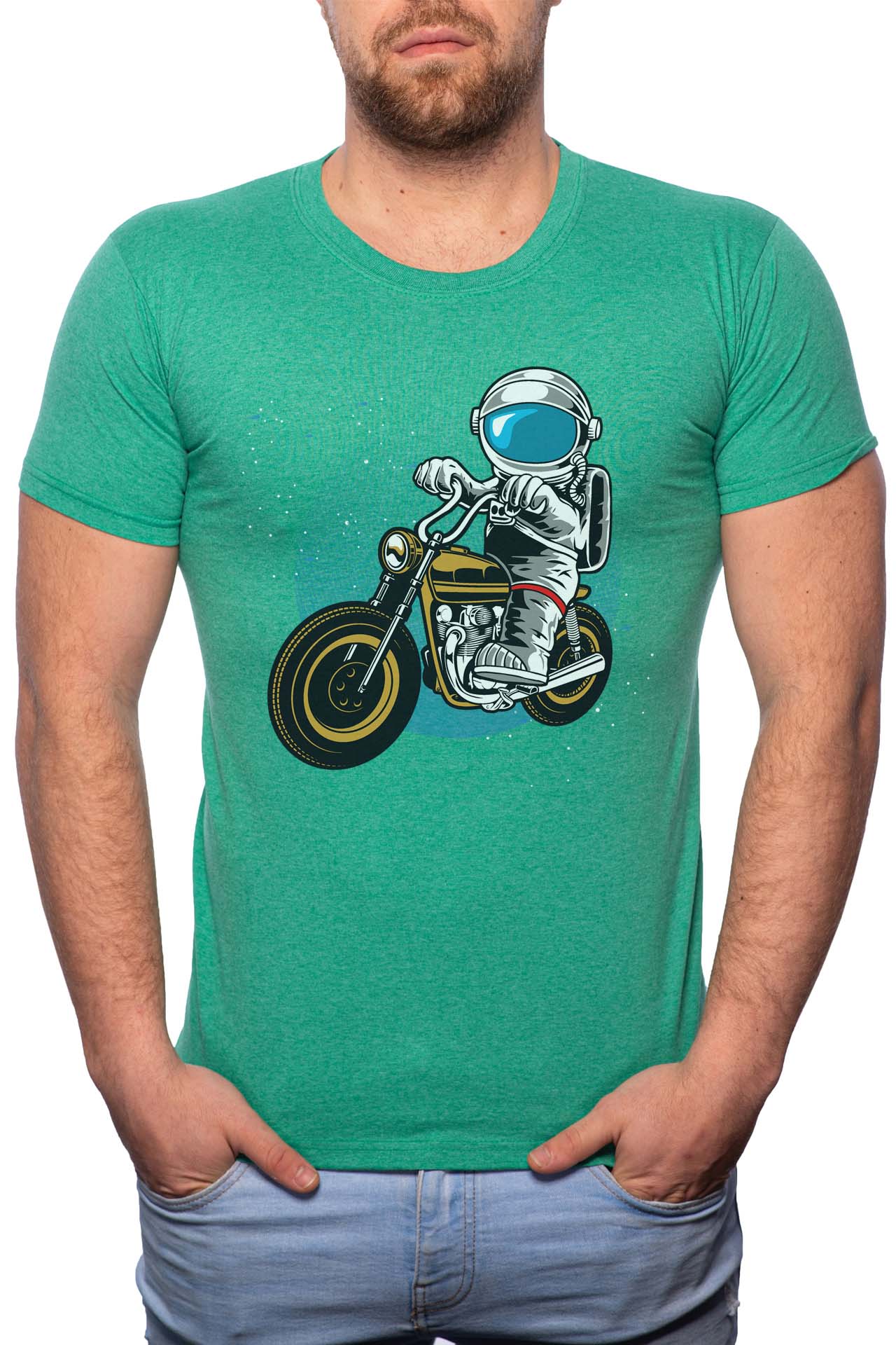 Tricou barbati, Biker Astronaut, 100% Bumbac, R229, Verde