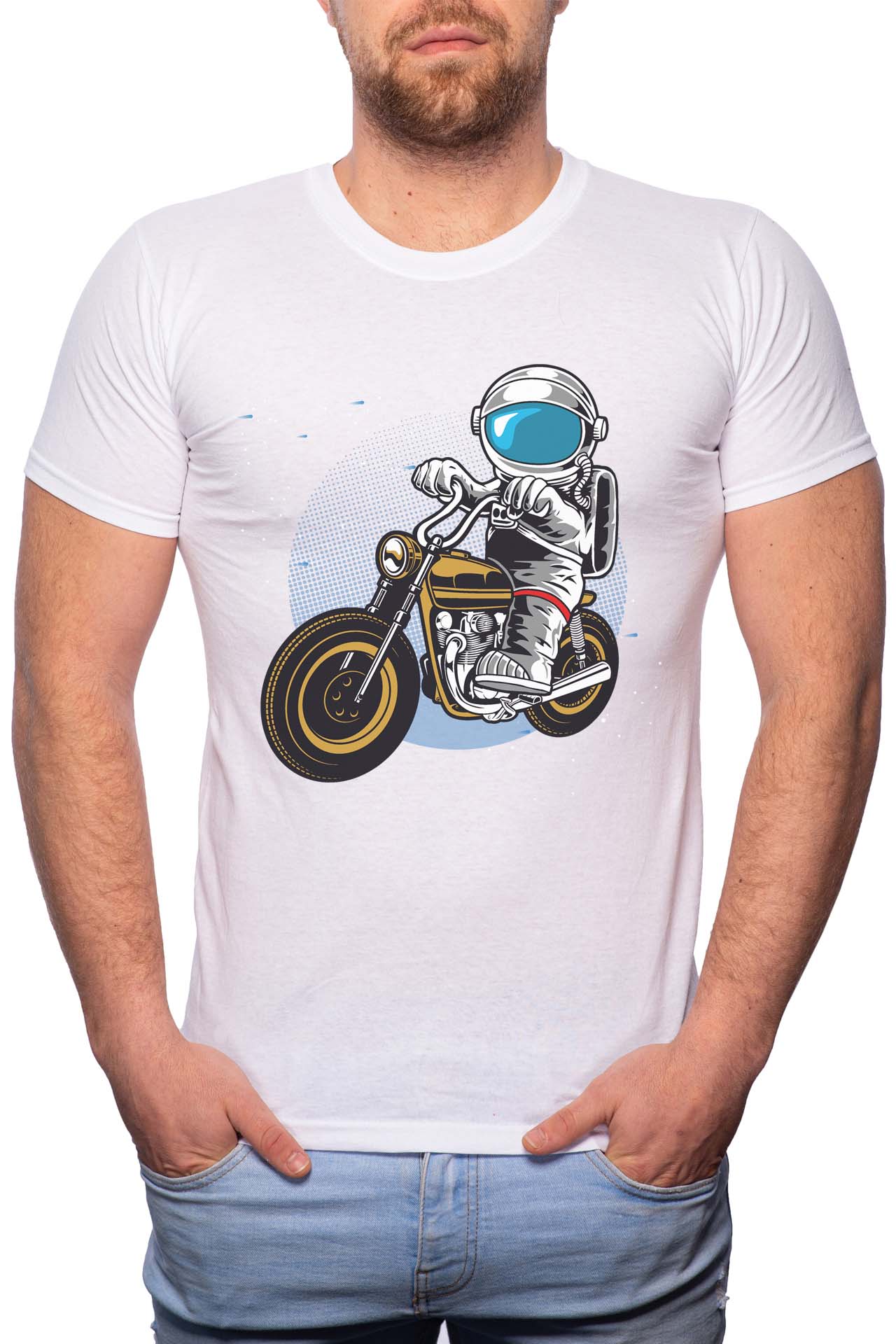 Tricou barbati, Biker Astronaut, 100% Bumbac, R229, Alb