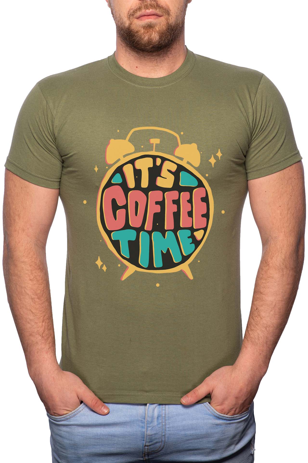 Tricou barbati, Coffee Time, 100% Bumbac, W235, Verde militar