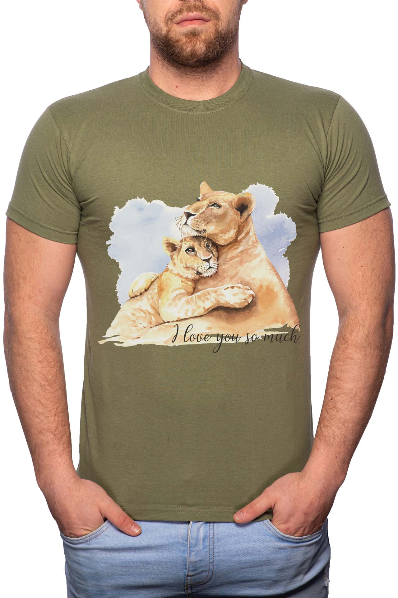 Tricou barbati, Lion Love, 100% Bumbac, W241, Verde militar