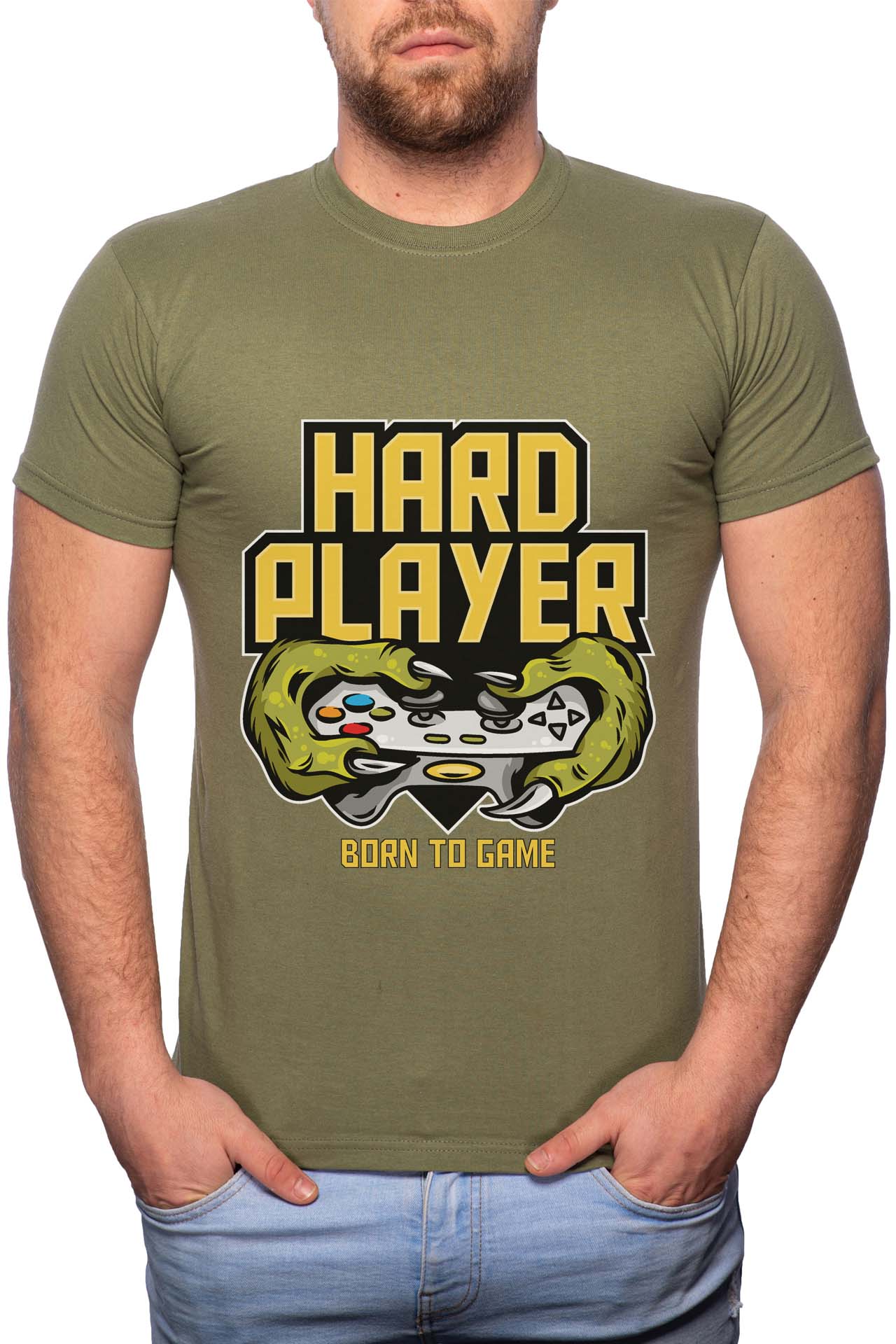 Tricou barbati, Born To Game, 100% Bumbac, GR244, Verde militar