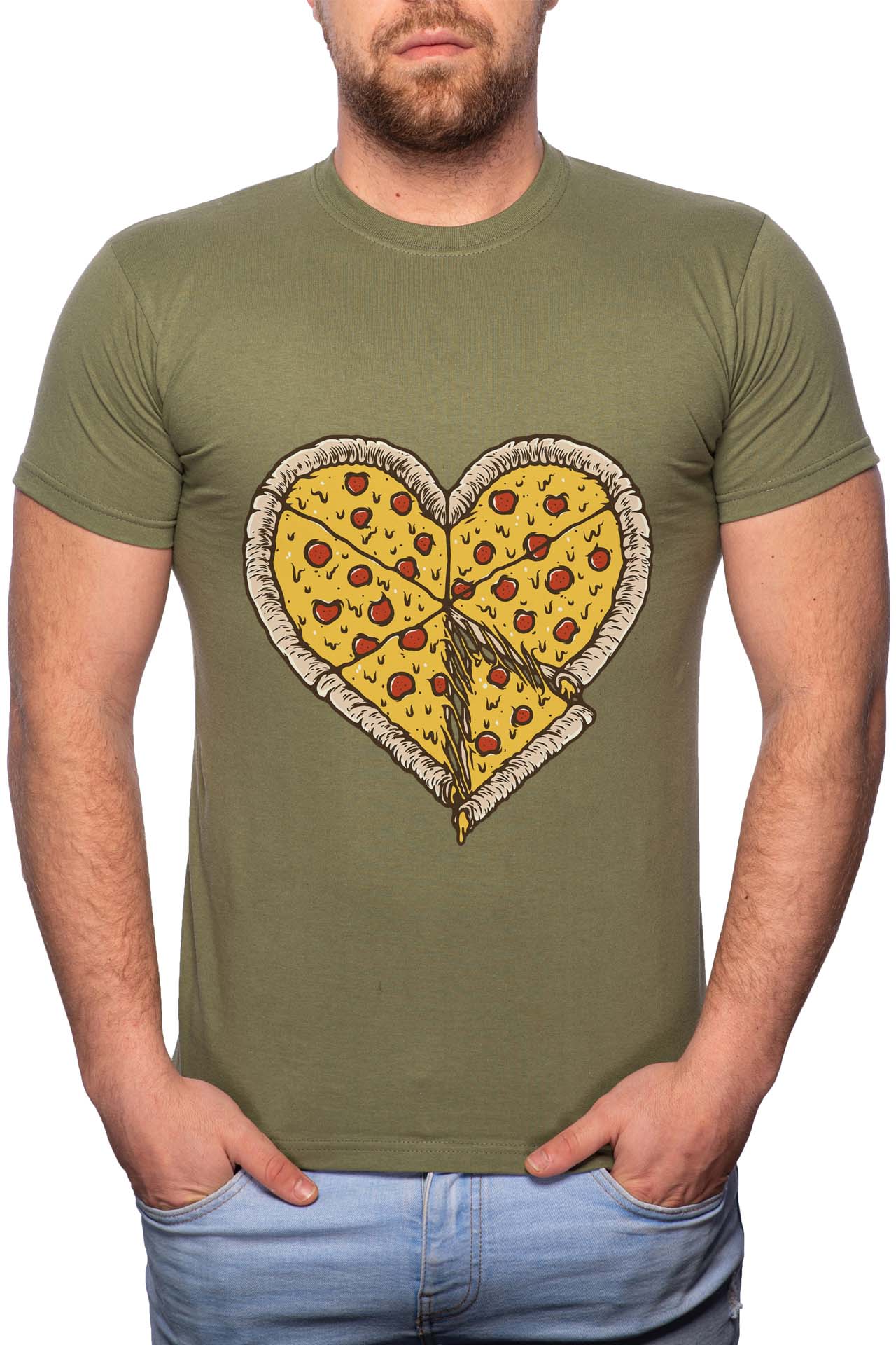Tricou barbati, Pizza Love, 100% Bumbac, B245, Verde militar