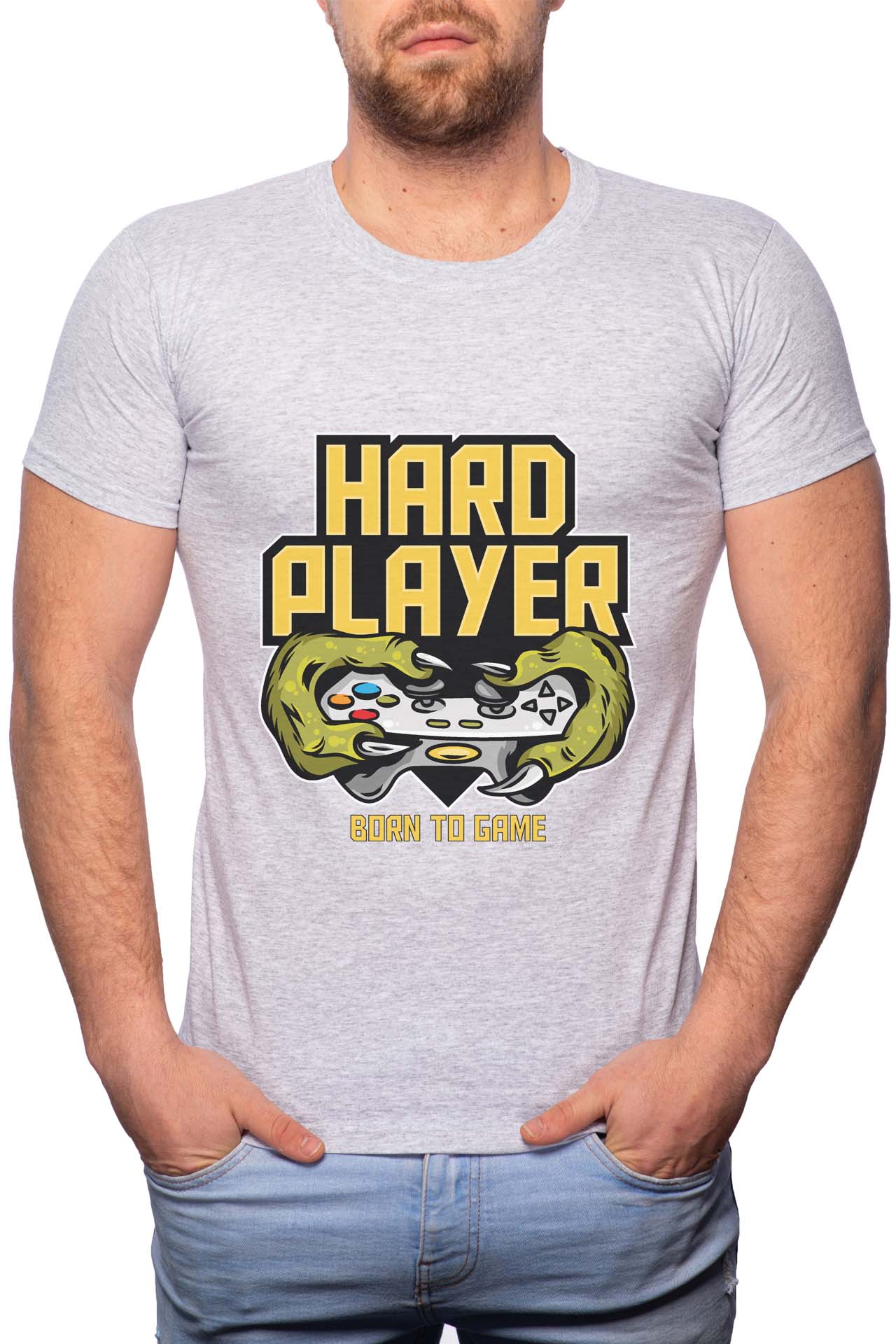 Tricou barbati, Born To Game, 100% Bumbac, GR244, Gri