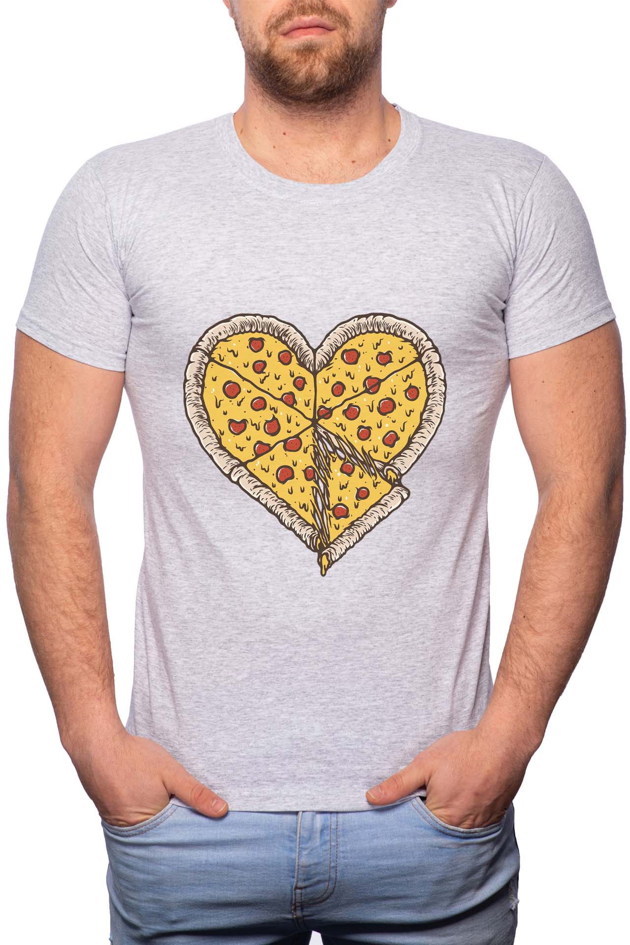 Tricou barbati, Pizza Love, 100% Bumbac, B245, Gri