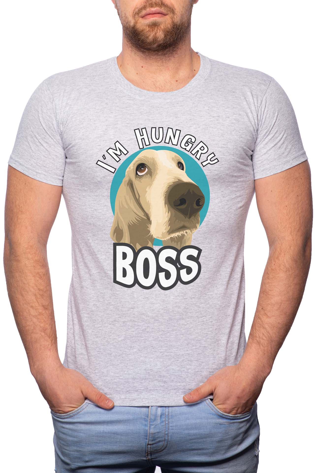 Tricou barbati, I'm Hungry Boss, 100% Bumbac, G247, Gri