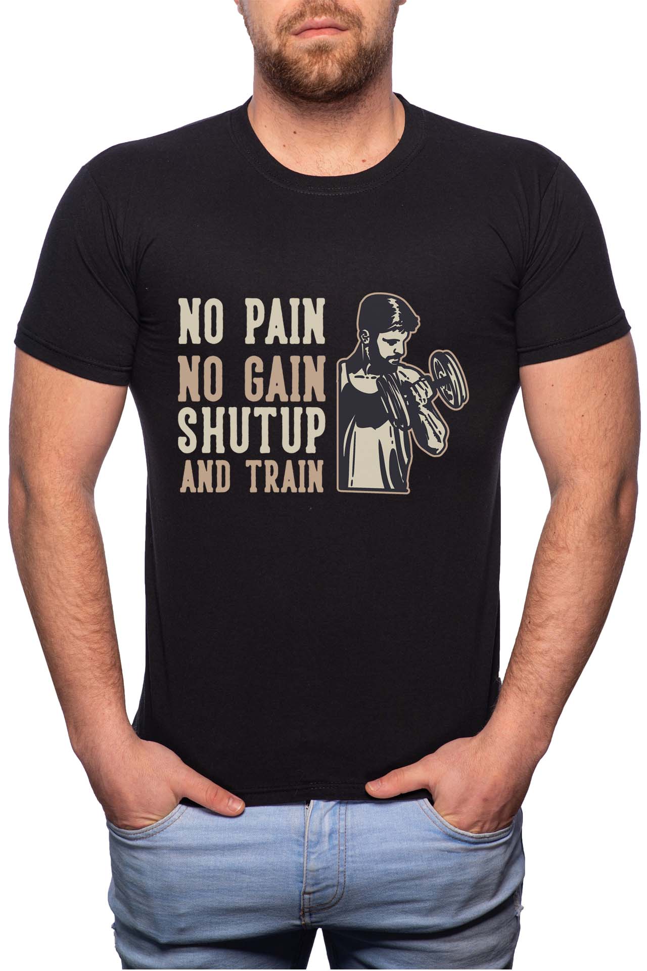 Tricou barbati, No Pain No Gain, 100% Bumbac, GM253, Negru