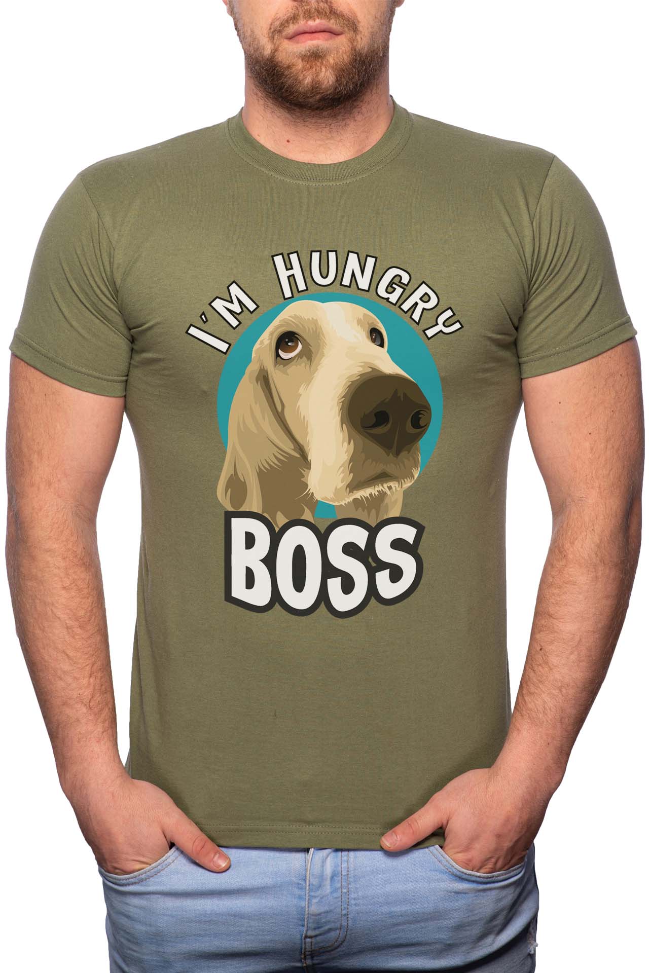 Tricou barbati, I'm Hungry Boss, 100% Bumbac, G247, Verde militar