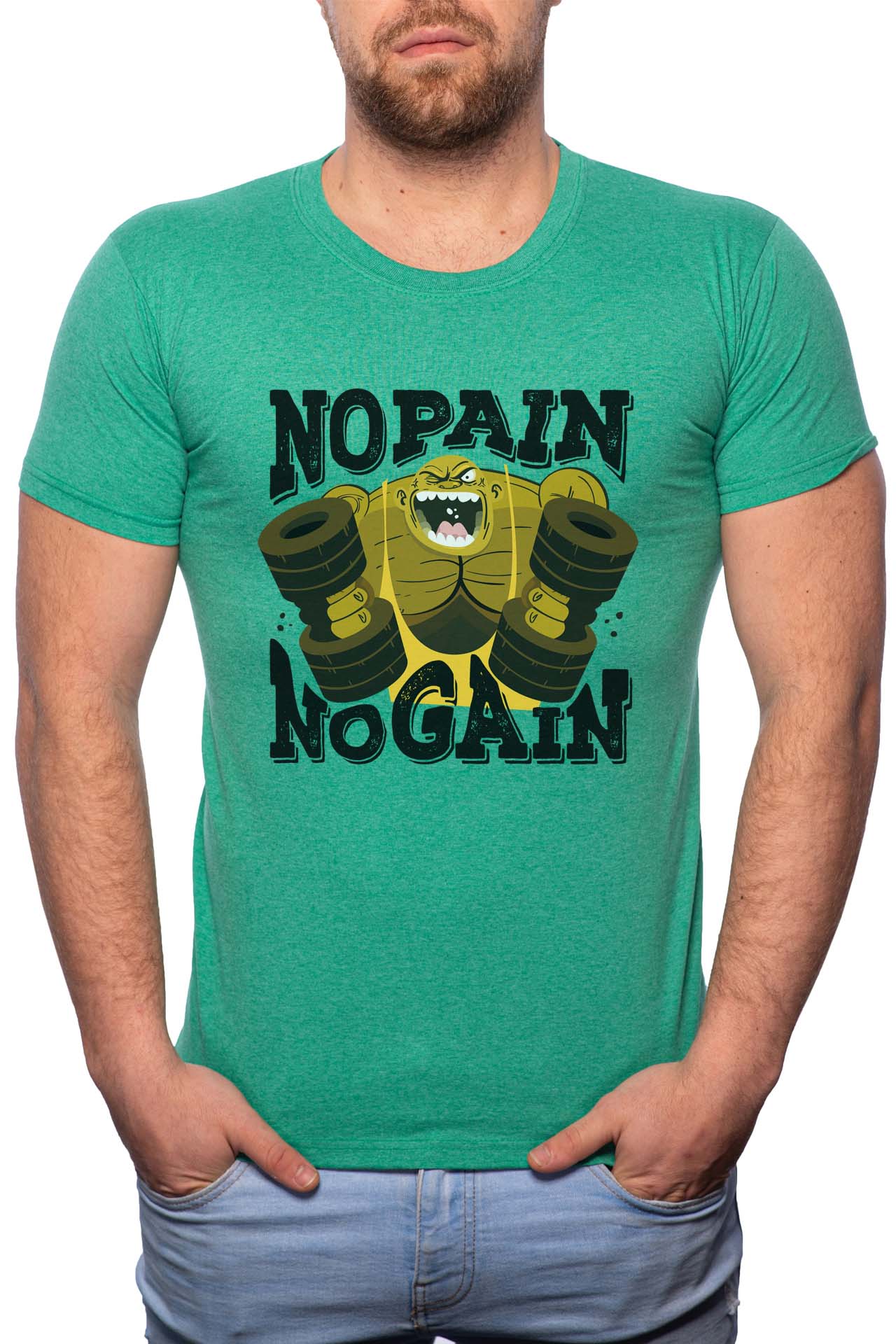 Tricou barbati, No Pain No Gain, 100% Bumbac, R254, Verde