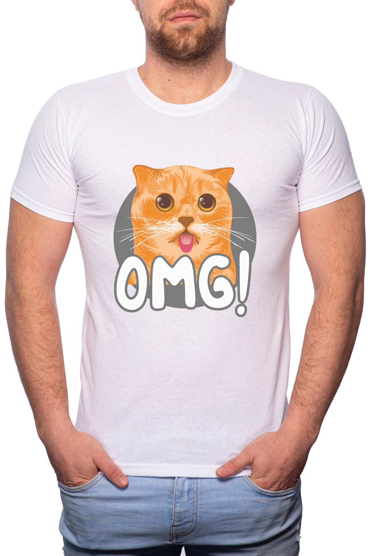 Tricou barbati, OMG Cat, 100% Bumbac, G262, Alb