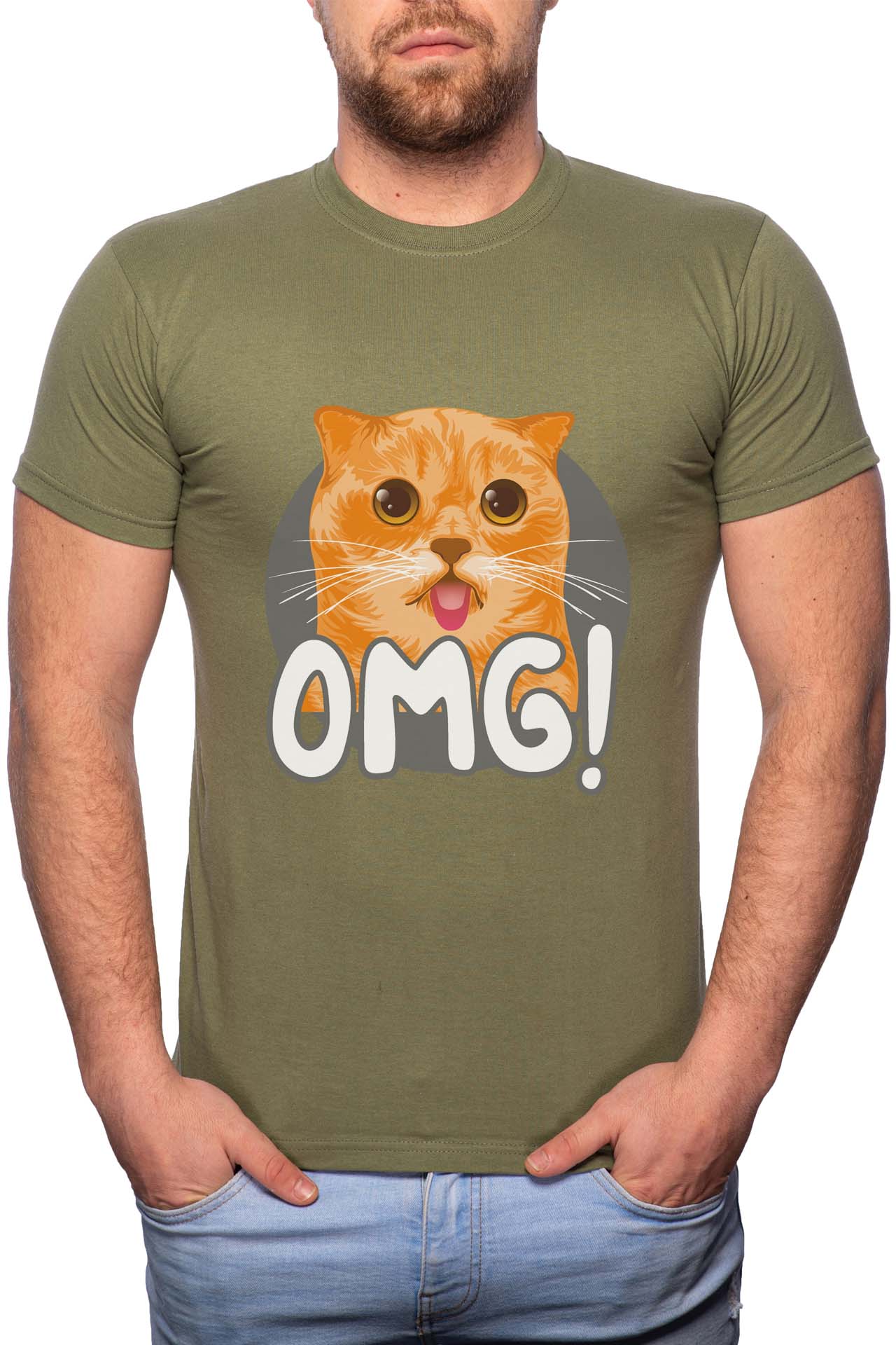 Tricou barbati, OMG Cat, 100% Bumbac, G262, Verde militar