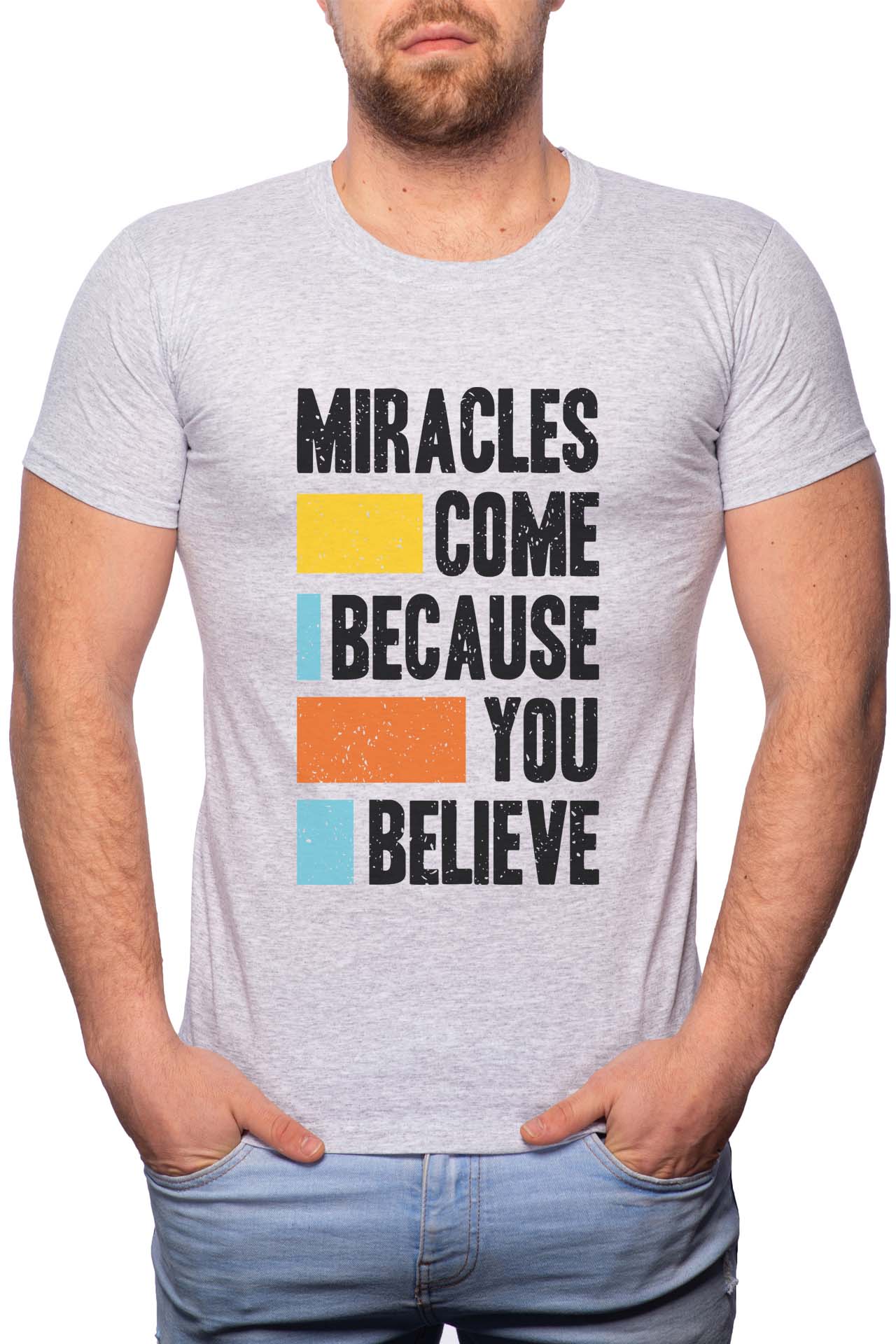 Tricou barbati, Believe, 100% Bumbac, B282, Gri