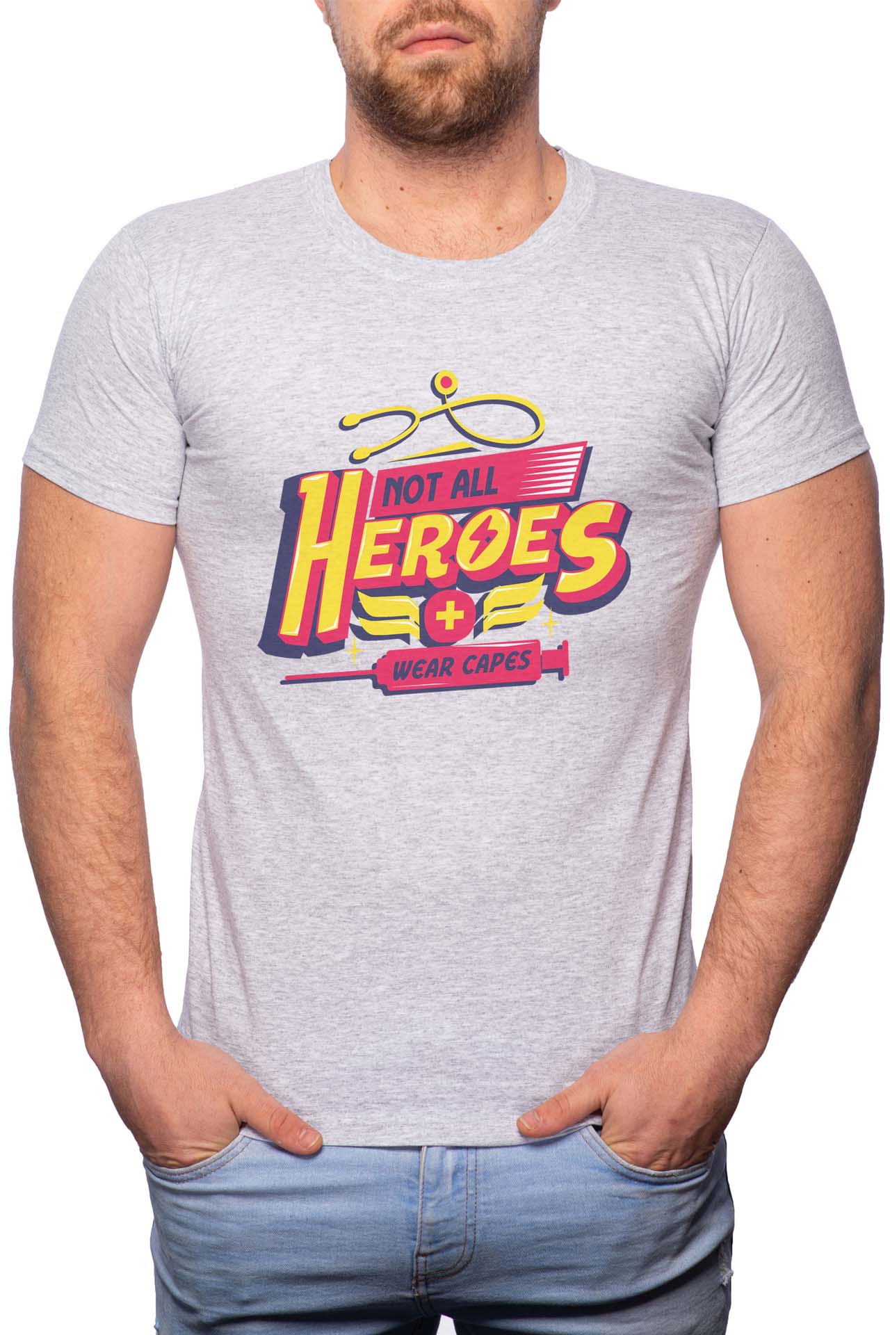 Tricou barbati, Heroes, 100% Bumbac, W293, Gri