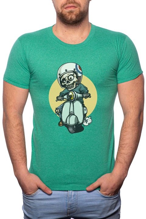 Biker Skeleton, Normál fazonú feliratos férfi poló, 100% Pamut, GR297, Zöld